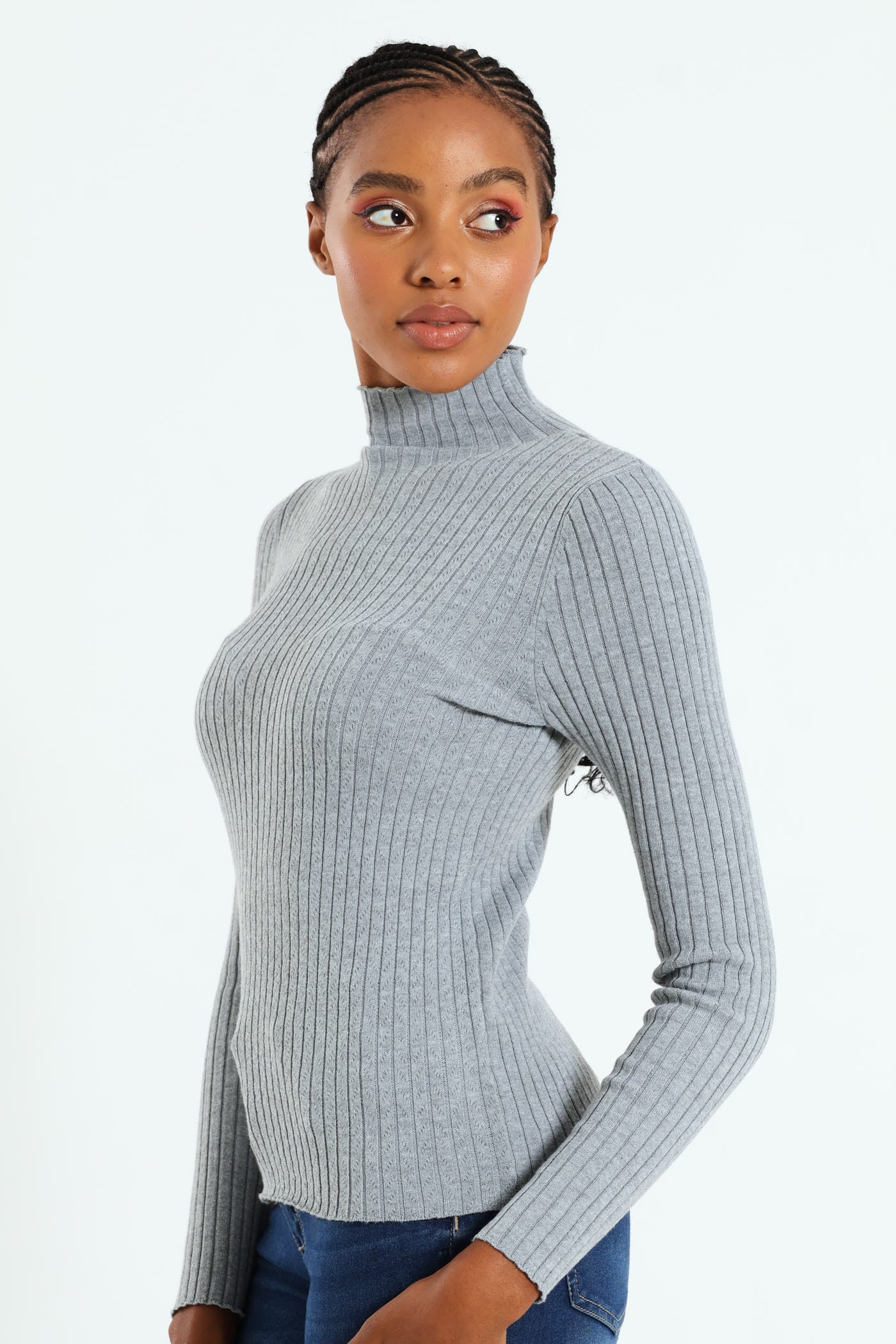 Turtleneck Pointelle Cable Stitch Pullover - Grey - Image 3