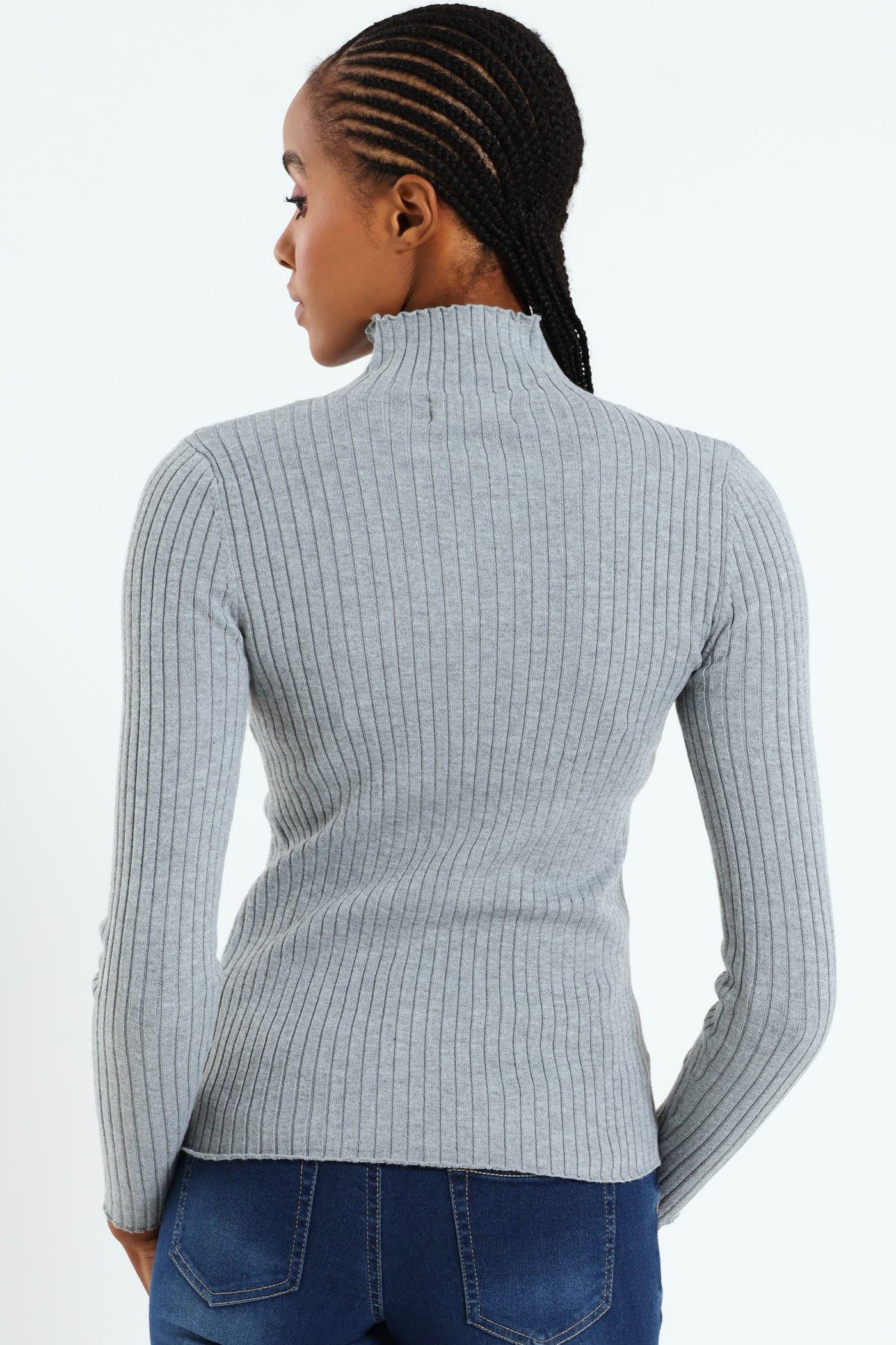 Turtleneck Pointelle Cable Stitch Pullover - Grey - Image 4