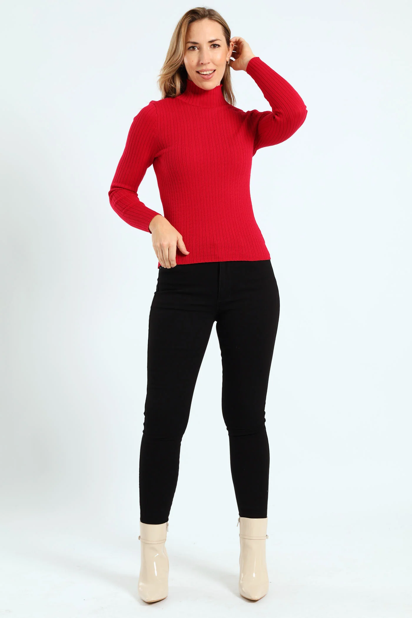 Turtleneck Pointelle Cable Stitch Pullover - Raspberry - Image 4