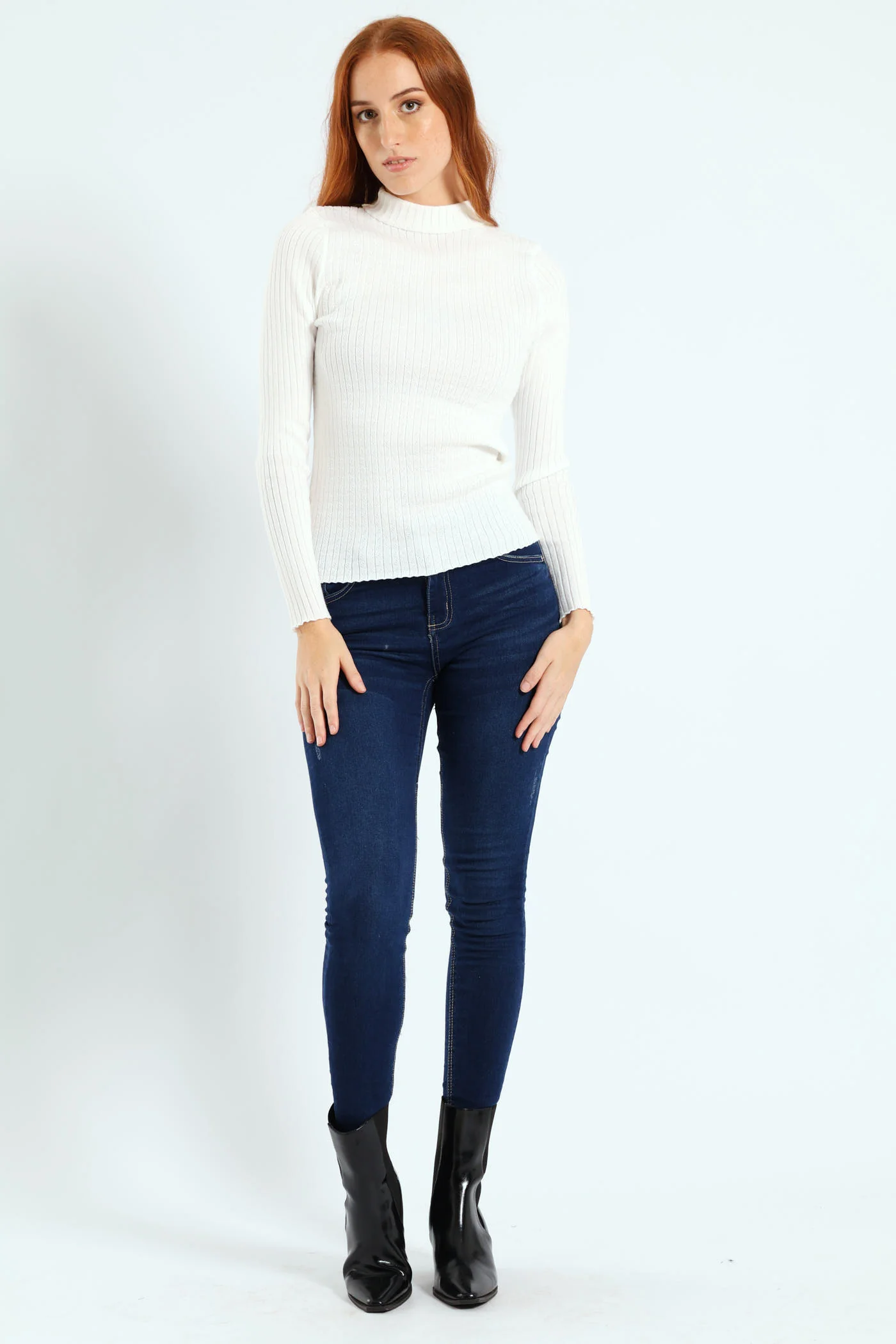 Turtleneck Pointelle Cable Stitch Pullover - White - Image 2
