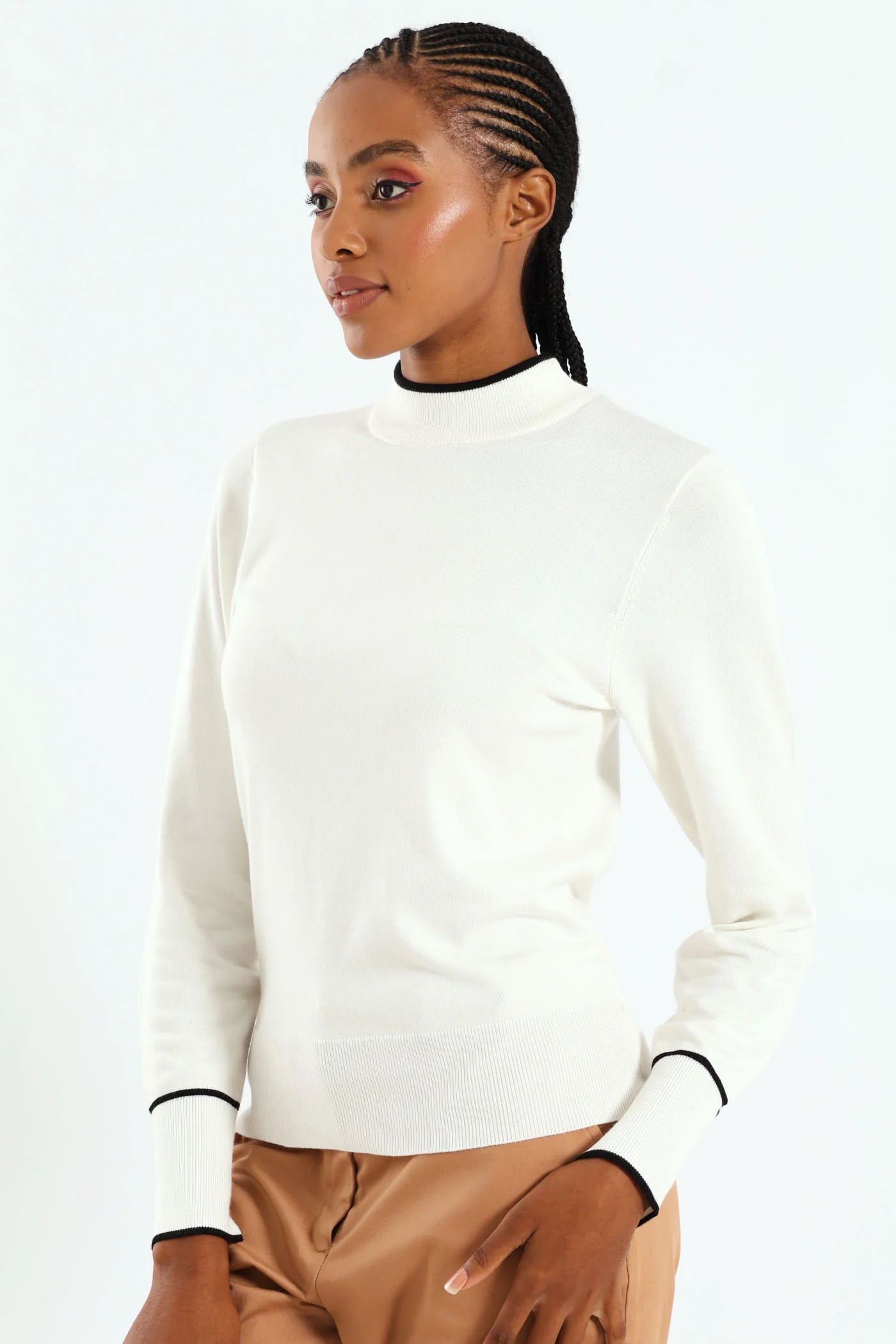 Turtleneck Tipped Pullover - Cream/Black - Image 2
