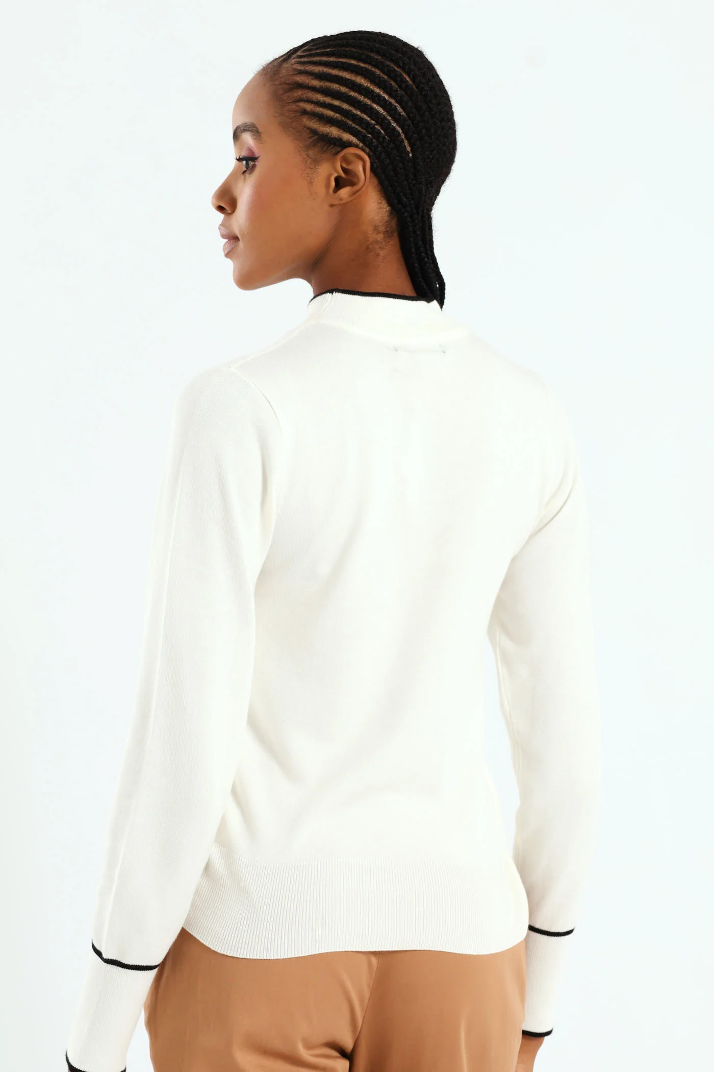 Turtleneck Tipped Pullover - Cream/Black - Image 3