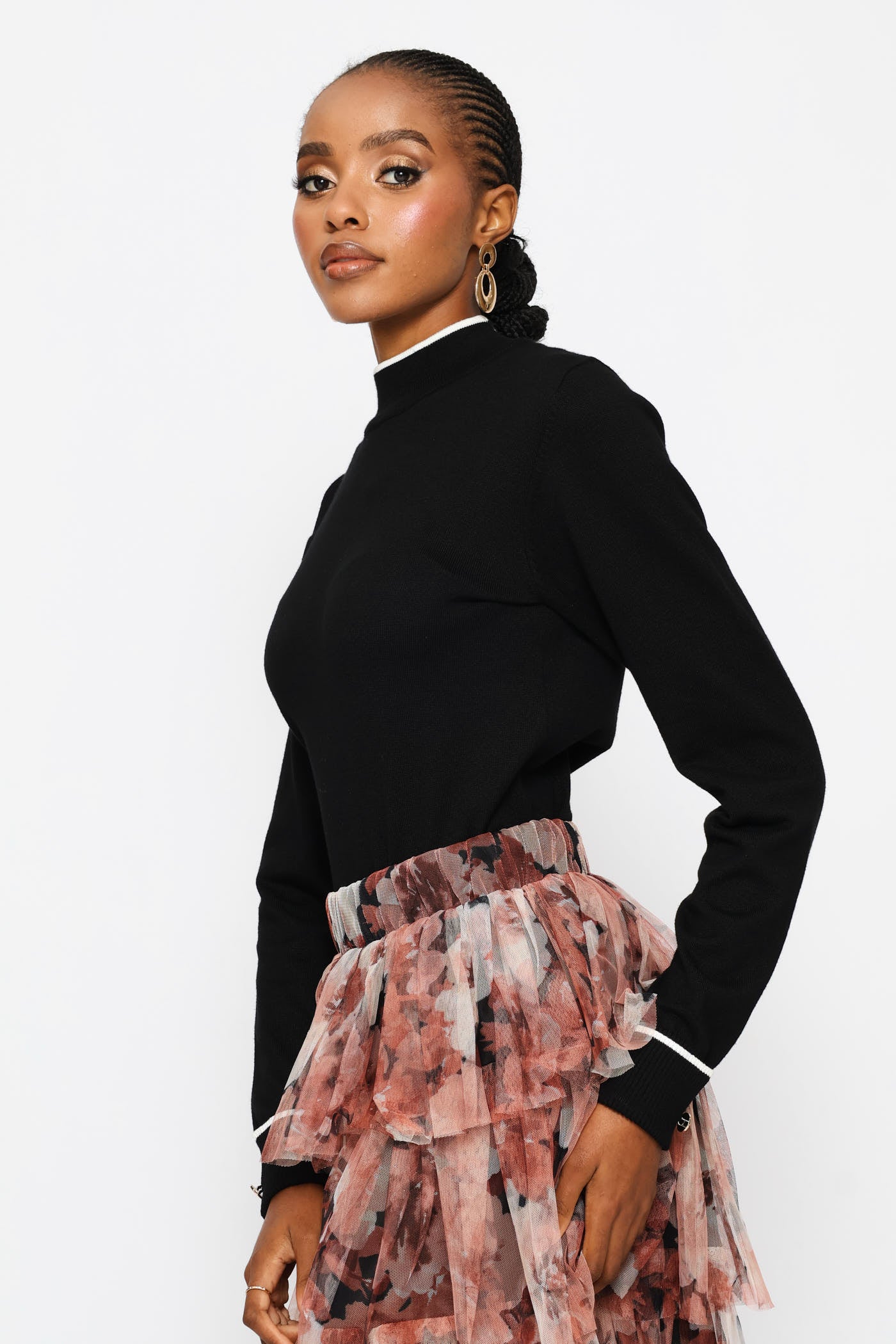 Turtleneck Turn Up Sleeve Pullover - Black - Image 2