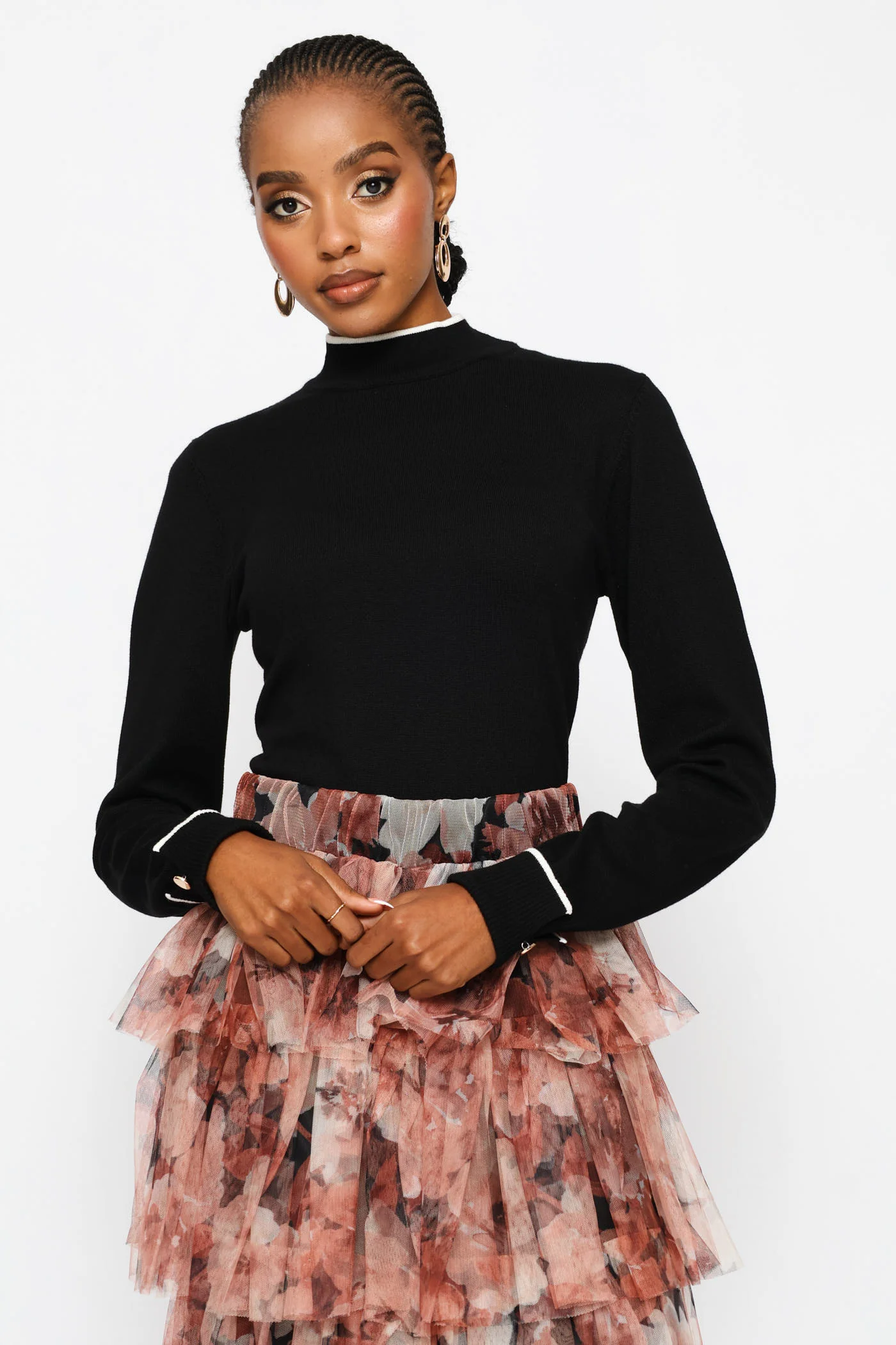 Turtleneck Turn Up Sleeve Pullover - Black - Image 5