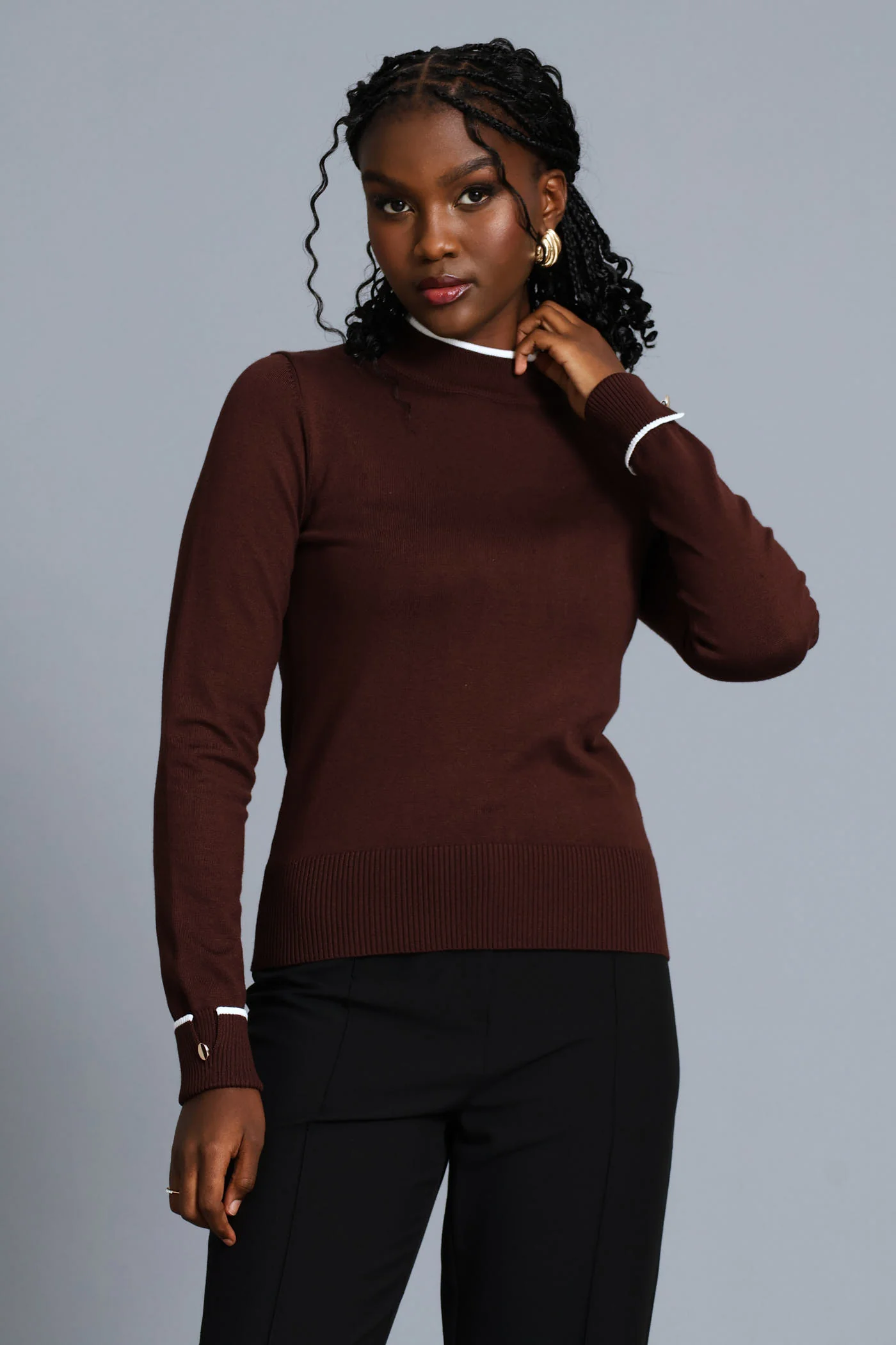 Turtleneck Turn Up Sleeve Pullover - Chocolate - Image 3