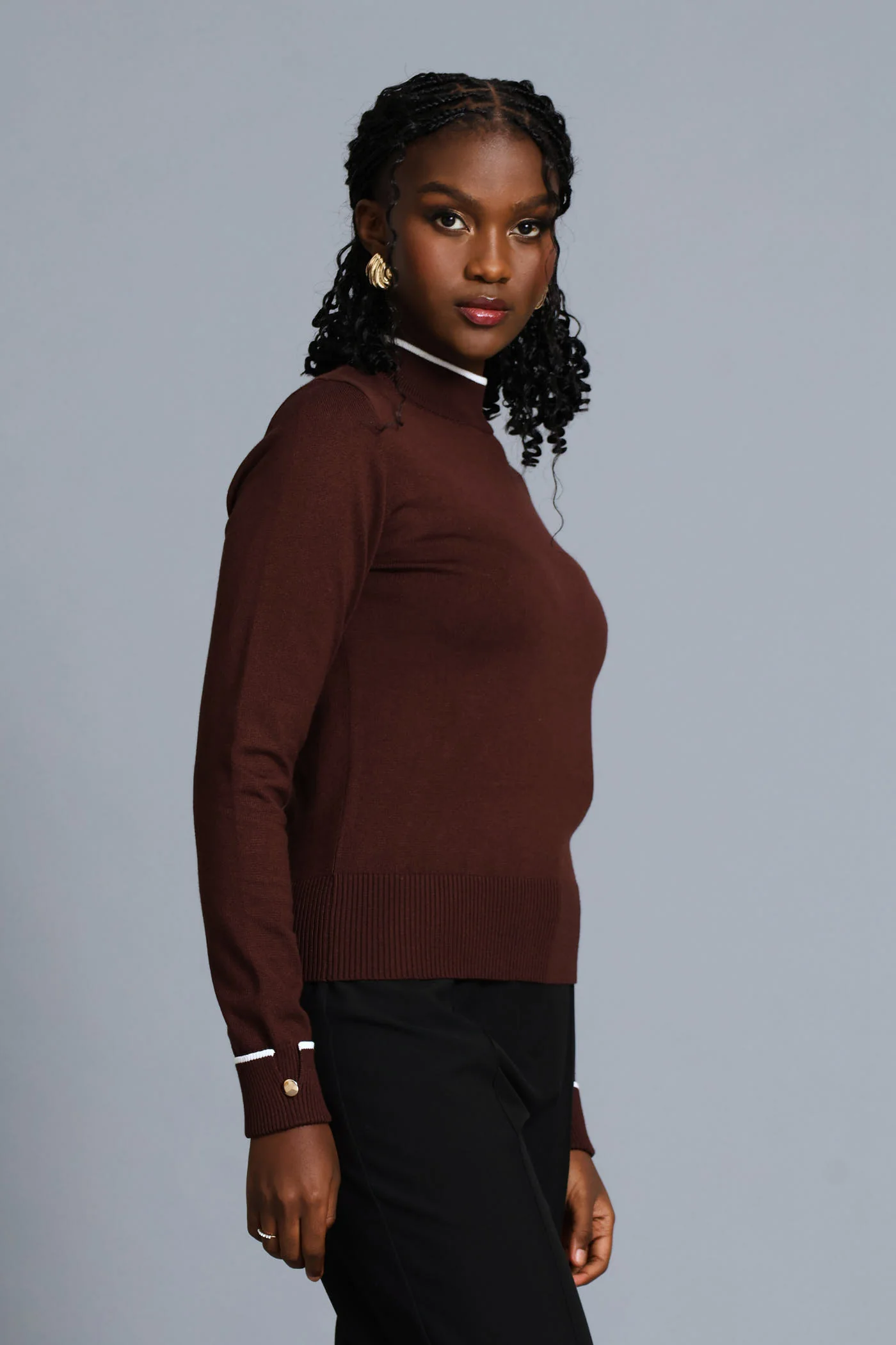 Turtleneck Turn Up Sleeve Pullover - Chocolate - Image 4