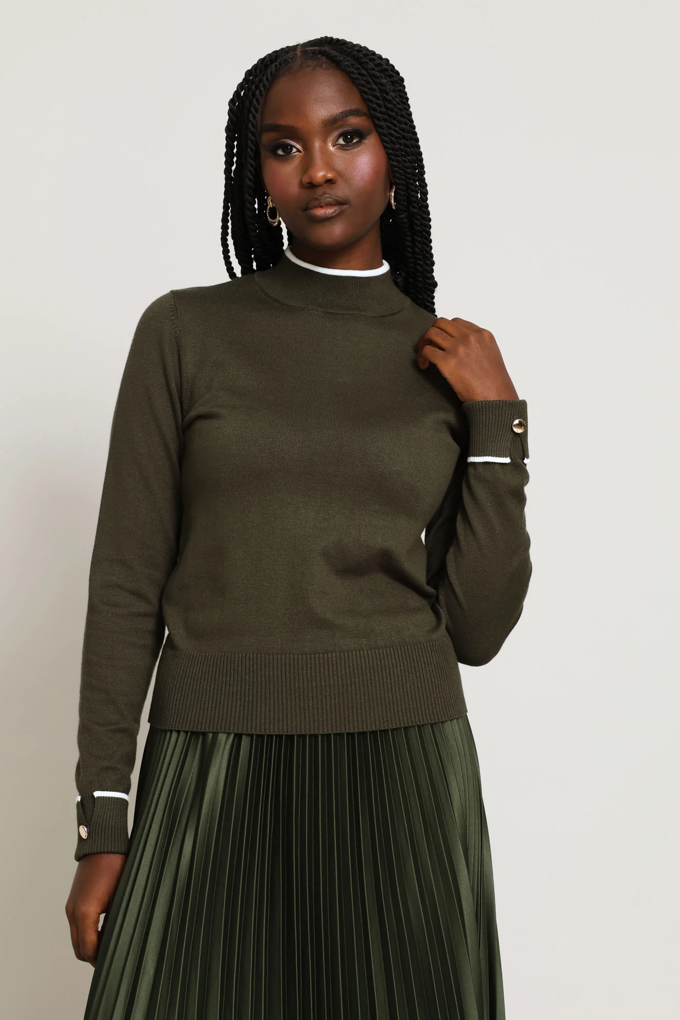 Turtleneck Turn Up Sleeve Pullover - Fatigue - Image 3