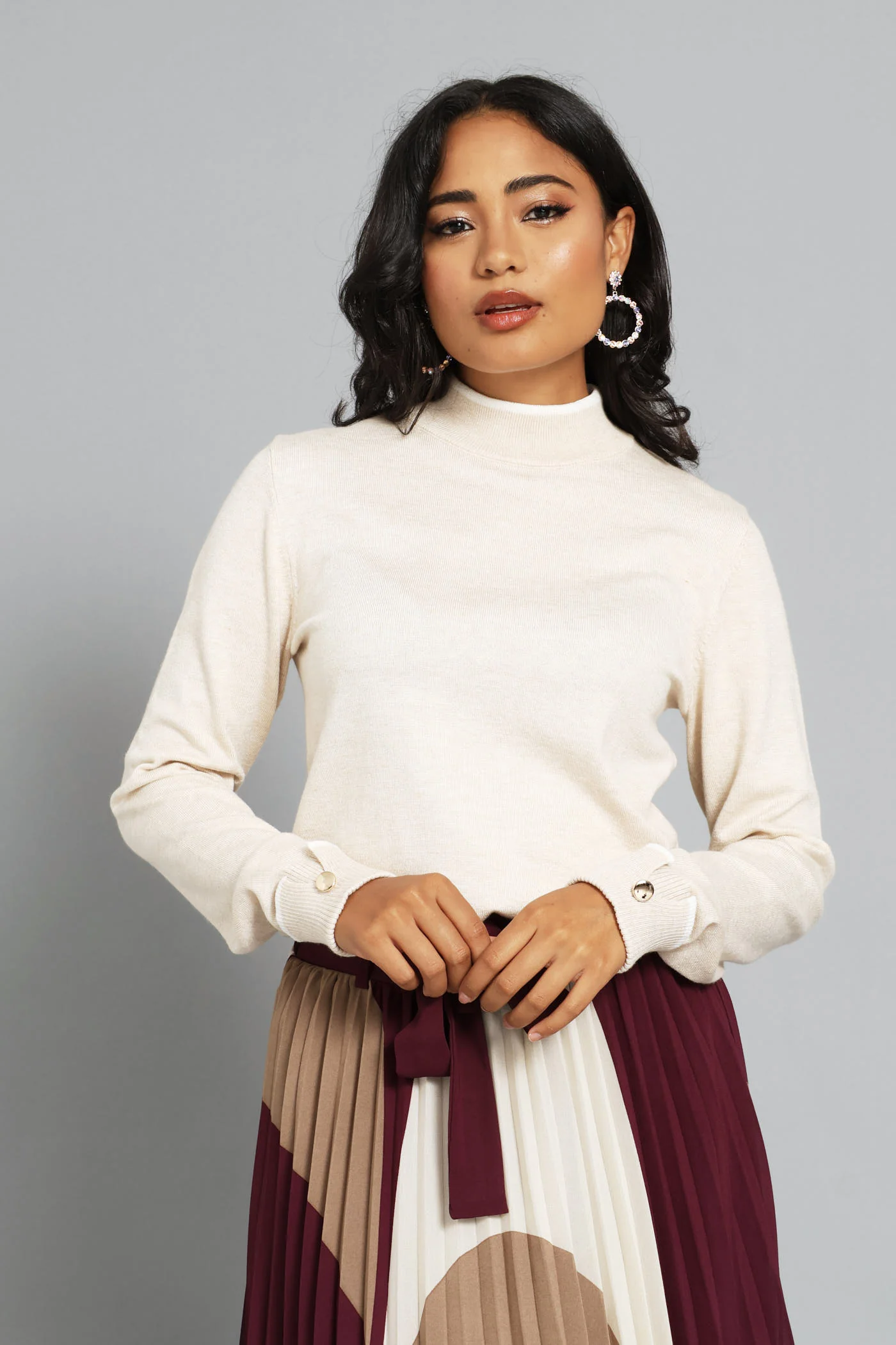 Turtleneck Turn Up Sleeve Pullover - Oatmeal - Image 3