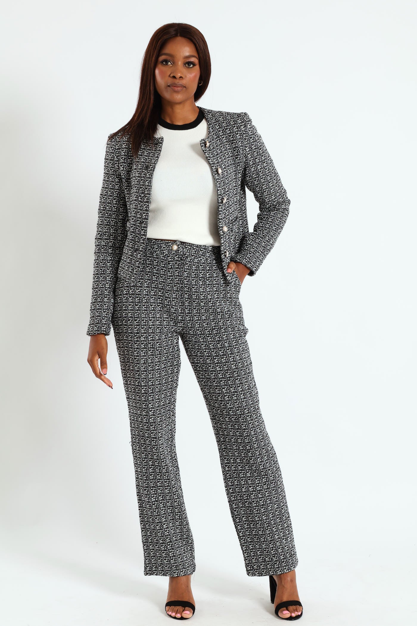 Tweed Straight Leg Pant  - Cream/Black - Image 4