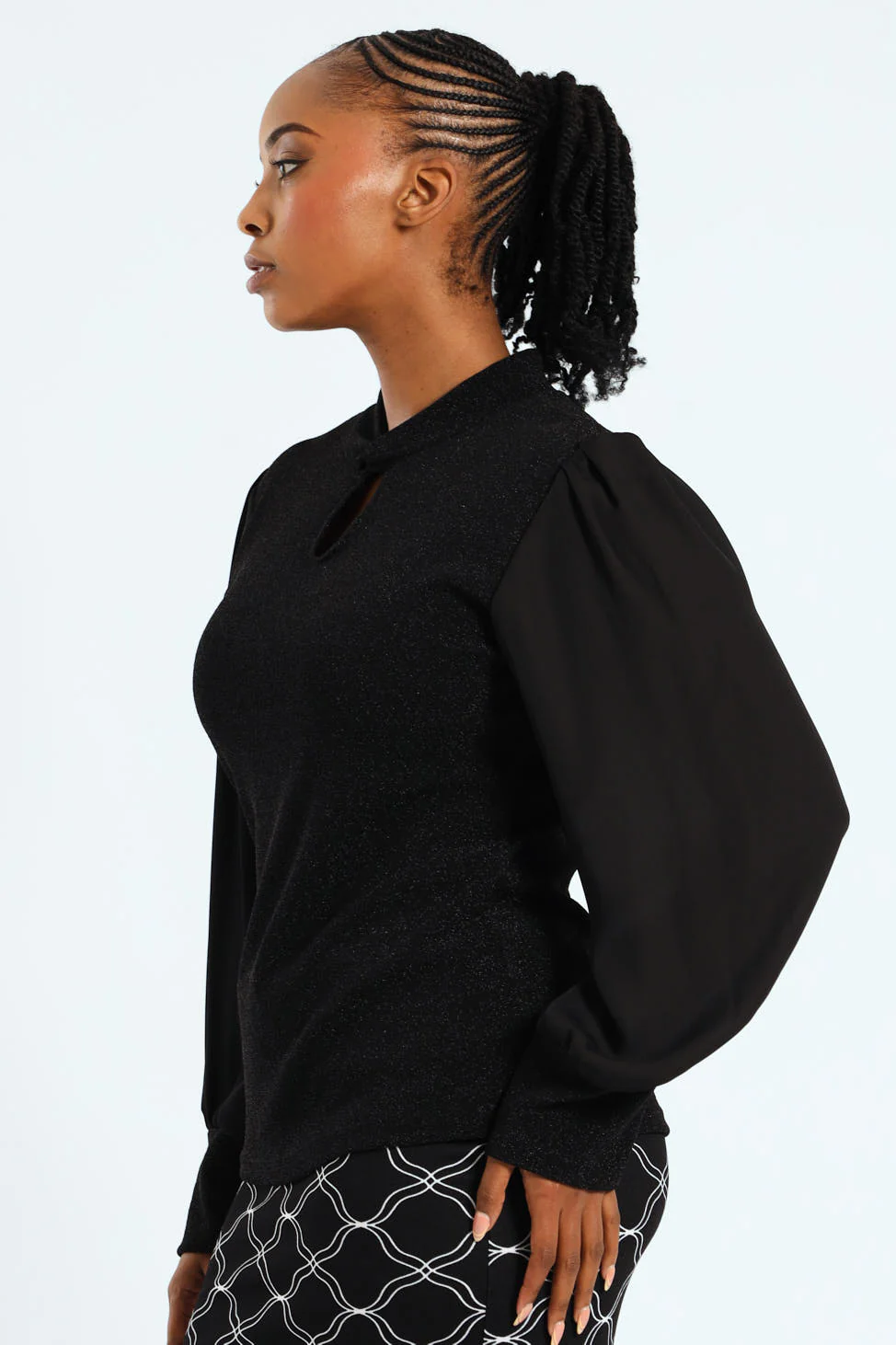 Twist Neck Keyhole Shimmer Combo Blouse - Black - Image 2