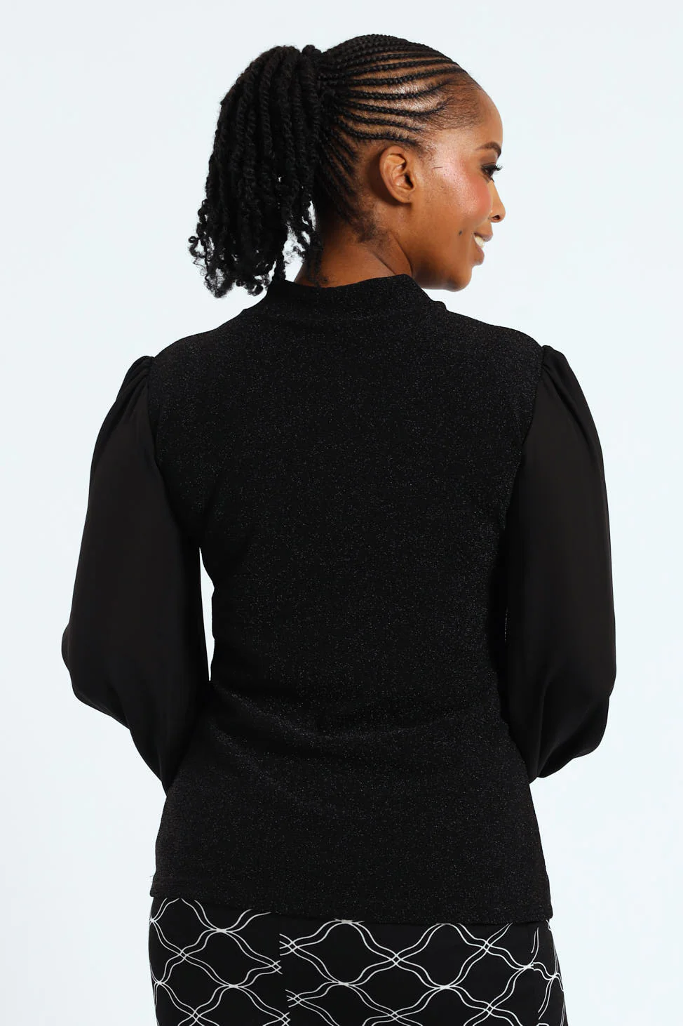 Twist Neck Keyhole Shimmer Combo Blouse - Black - Image 3