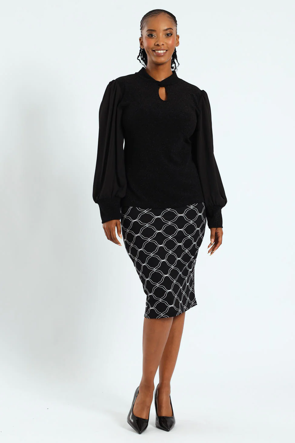 Twist Neck Keyhole Shimmer Combo Blouse - Black - Image 4