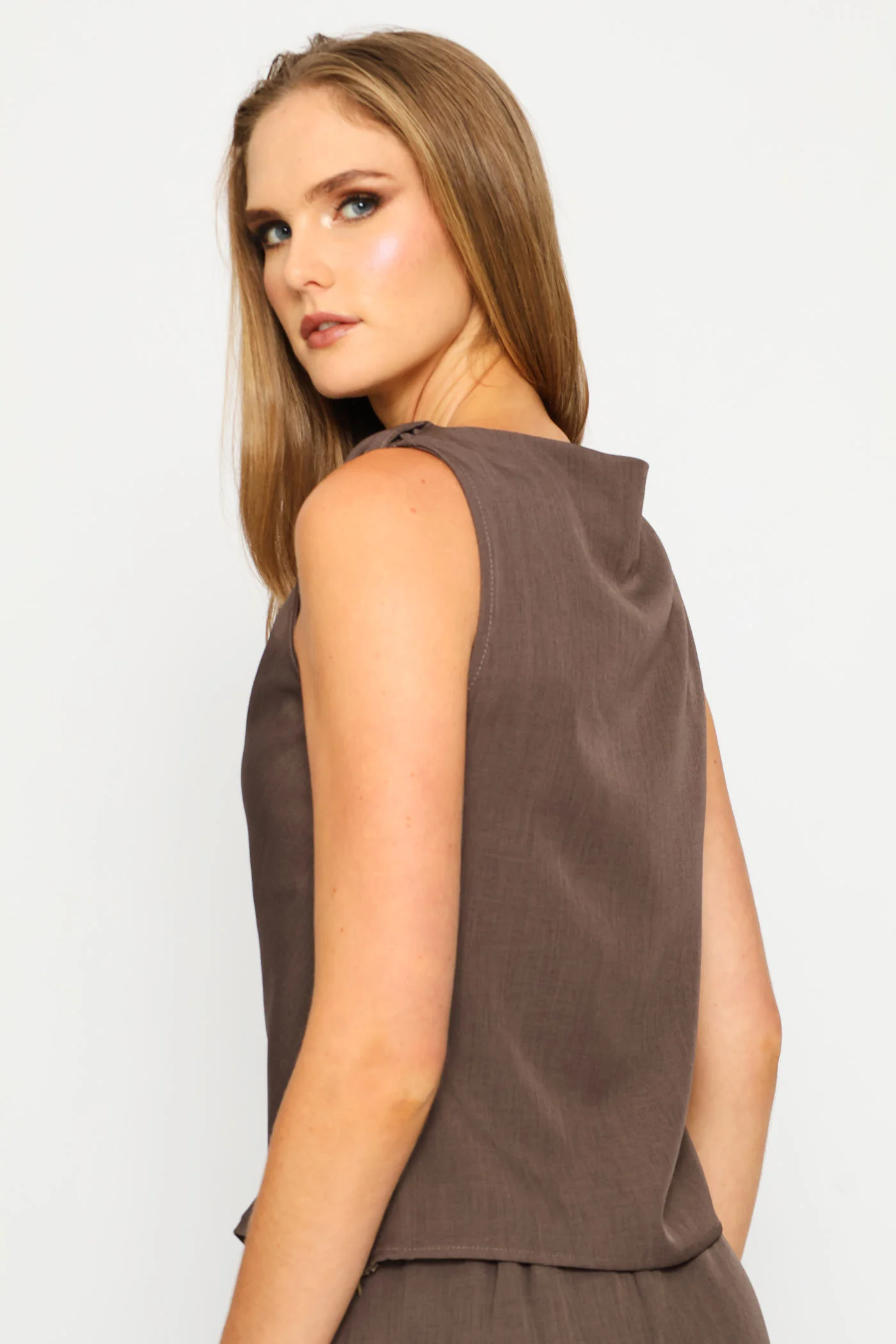 Twist Shoulder Tank Top - Mocha - Image 4