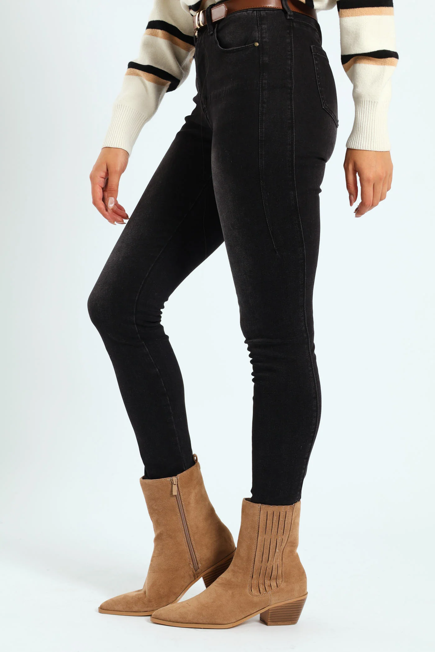 Two Seam Belted Skinny Jean - Black - Image 2