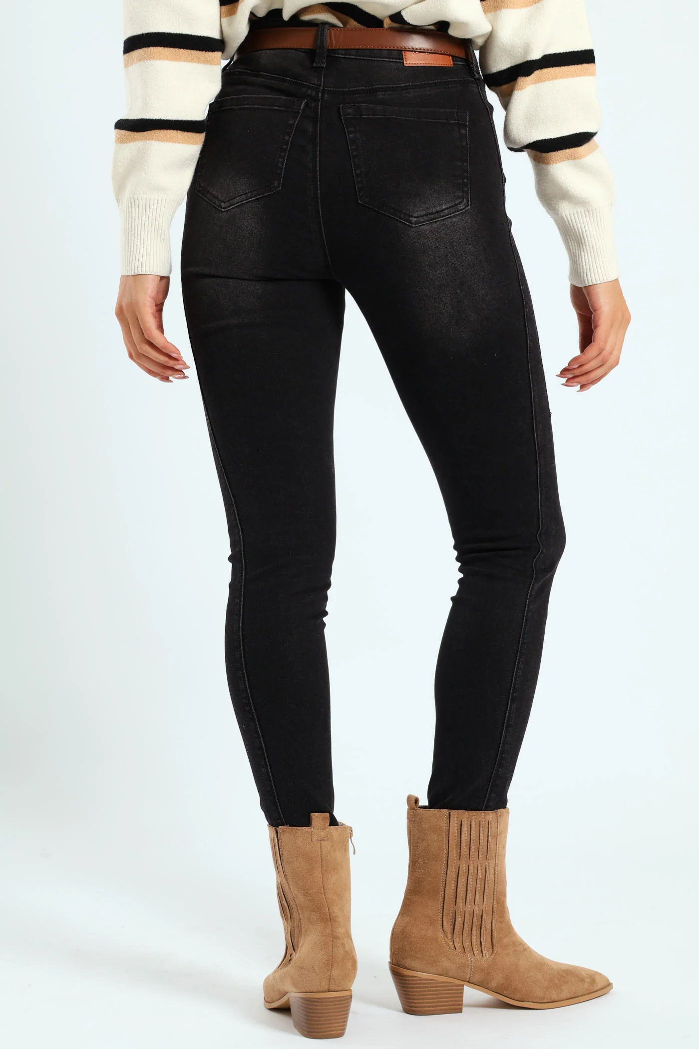 Two Seam Belted Skinny Jean - Black - Image 3