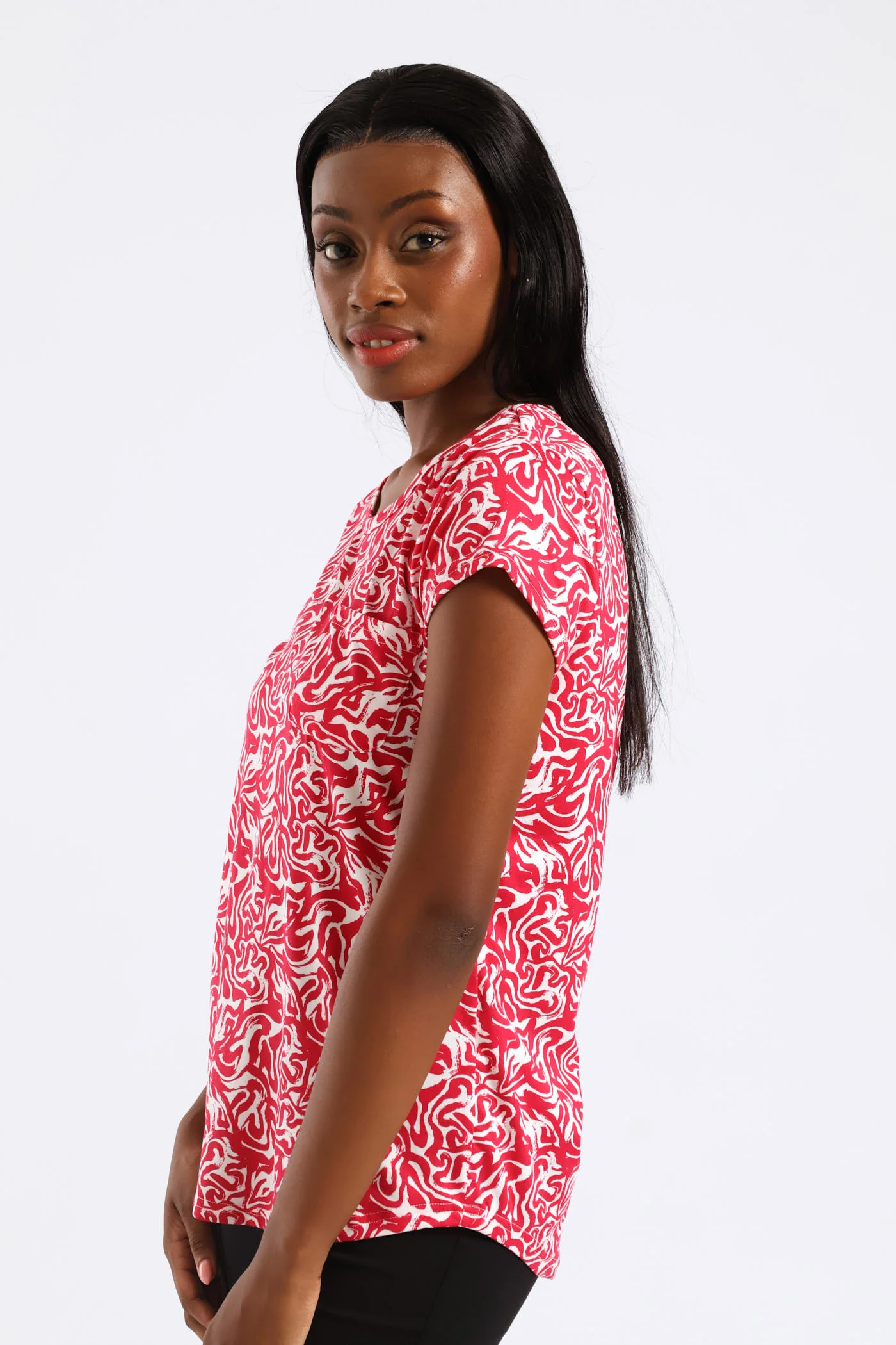 Two Tone Abstract Swirl Print Pocket Tee - White/Pink - Image 3