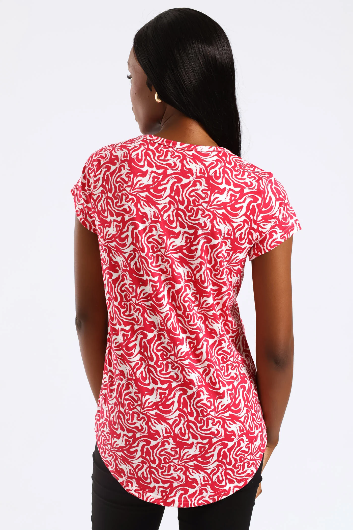 Two Tone Abstract Swirl Print Pocket Tee - White/Pink - Image 4