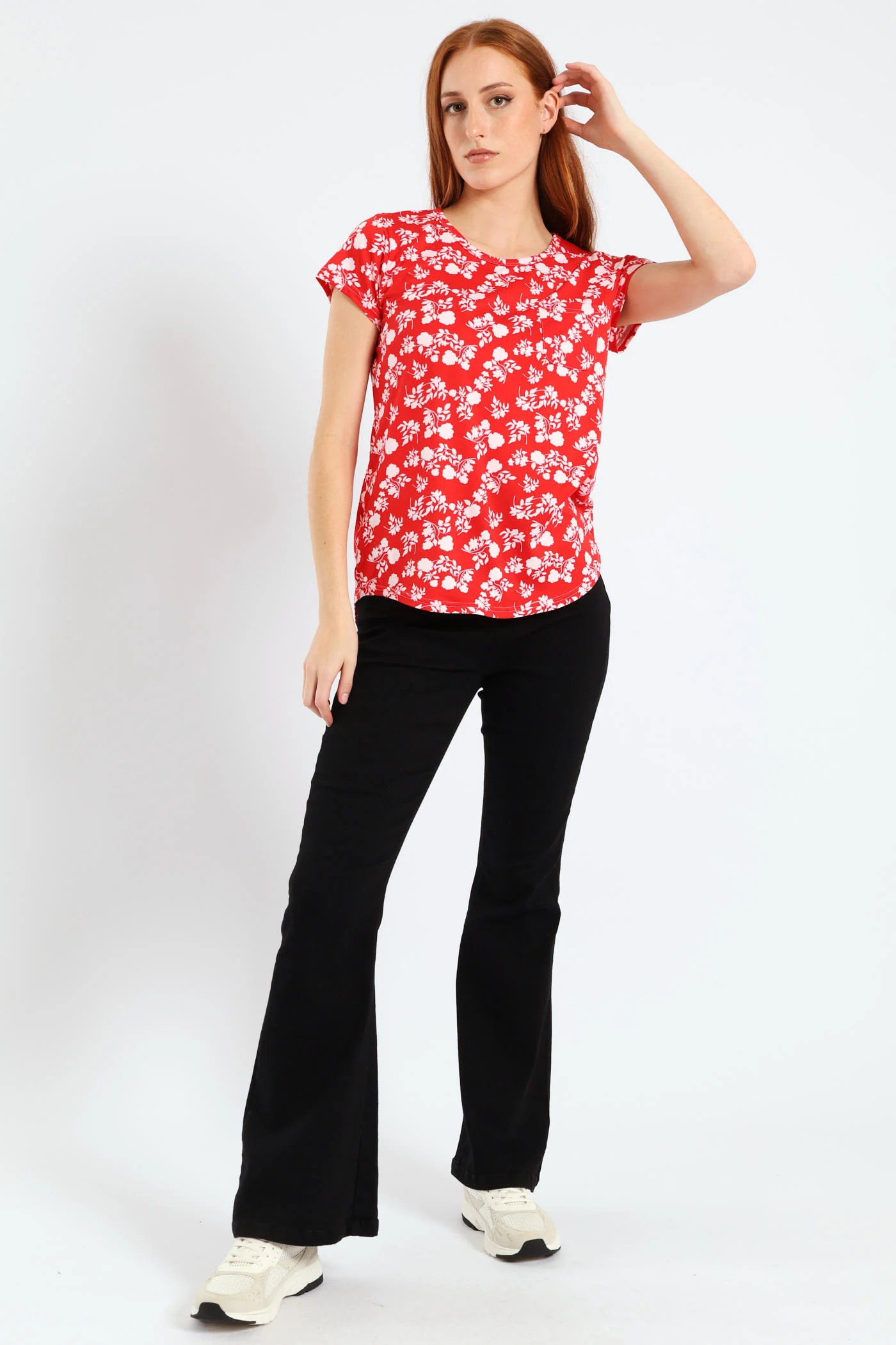 Two Tone Floral Pocket Tee - White/Red - Image 4