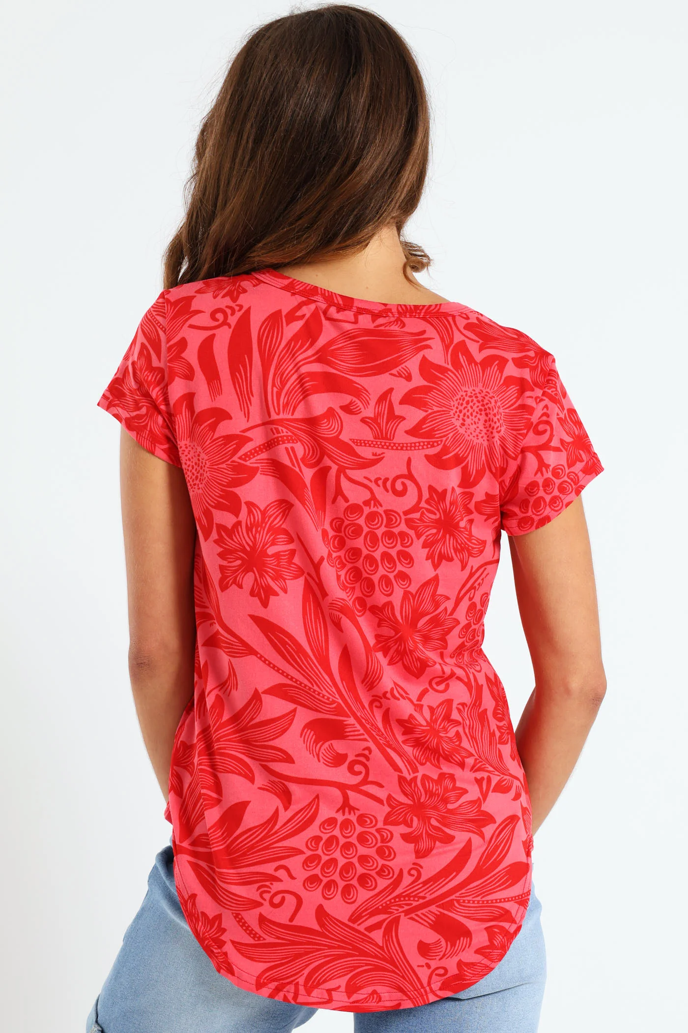Two Tone Floral Print Pocket Tee - Red/Pink - Image 3