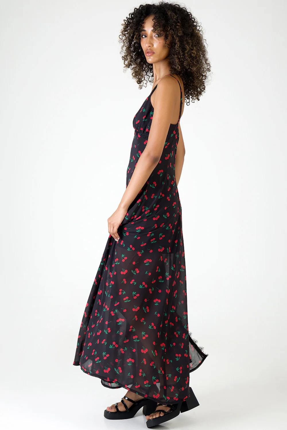 Underbust Cutline & Lace Trim Detail Maxi Dress - Black/Red - Image 2