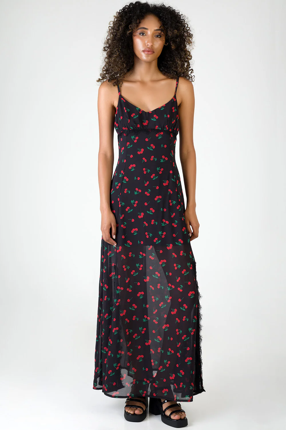 Underbust Cutline & Lace Trim Detail Maxi Dress - Black/Red - Image 3
