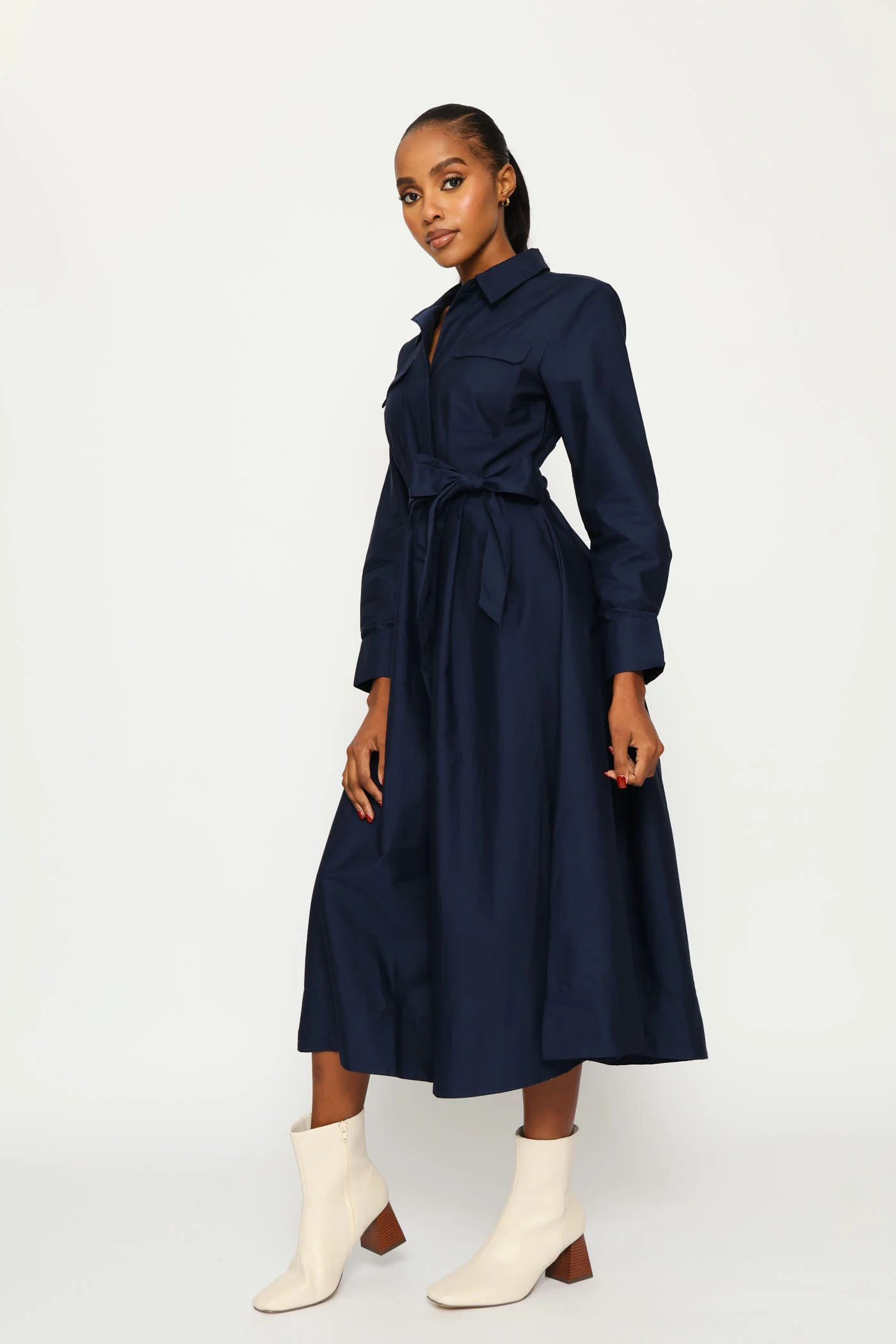 Utility Pocket Fit & Flare Pleated Midaxi Shirt Dress - Navy - Image 3
