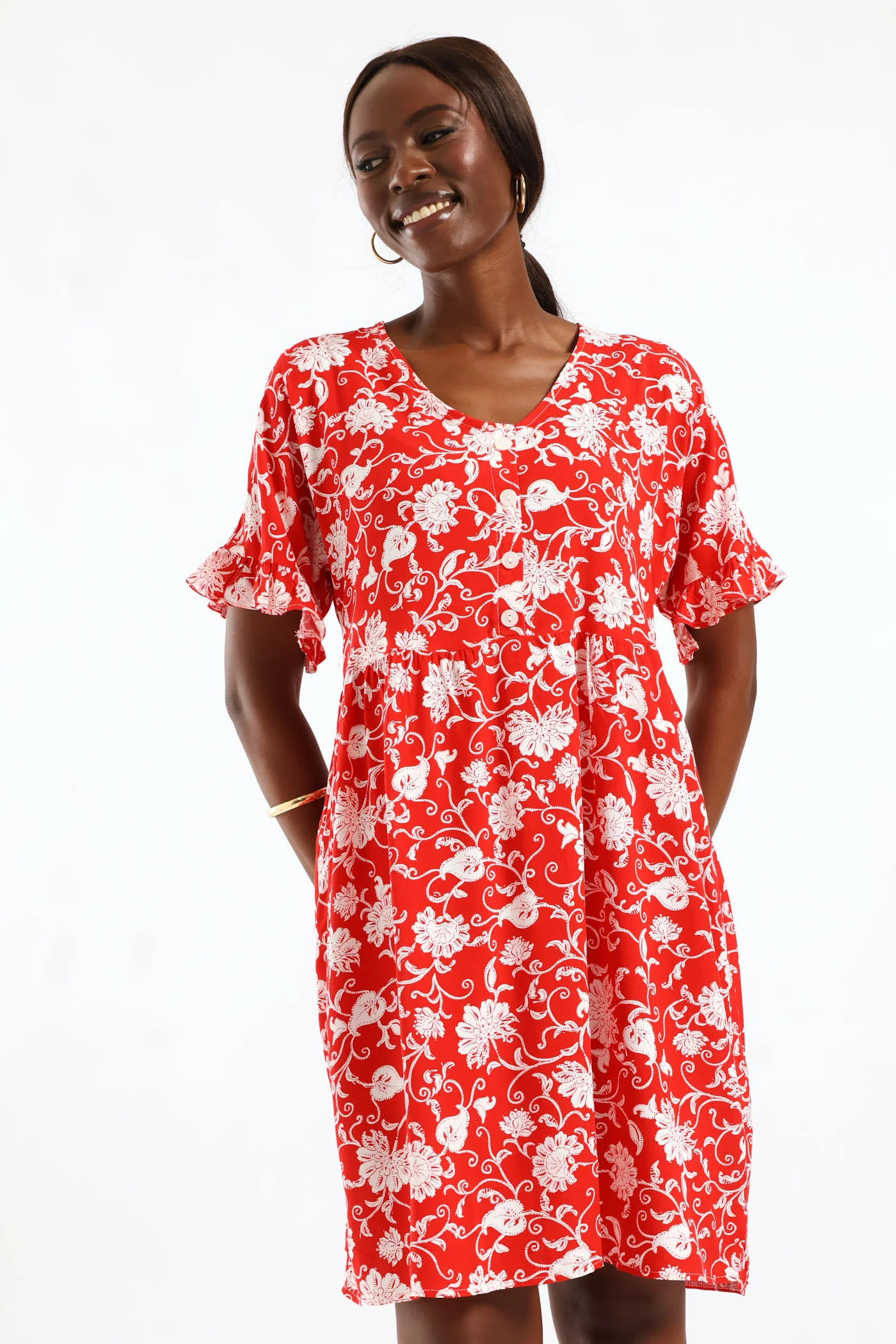 V-Neck Babydoll Dress - White/Red - Image 3