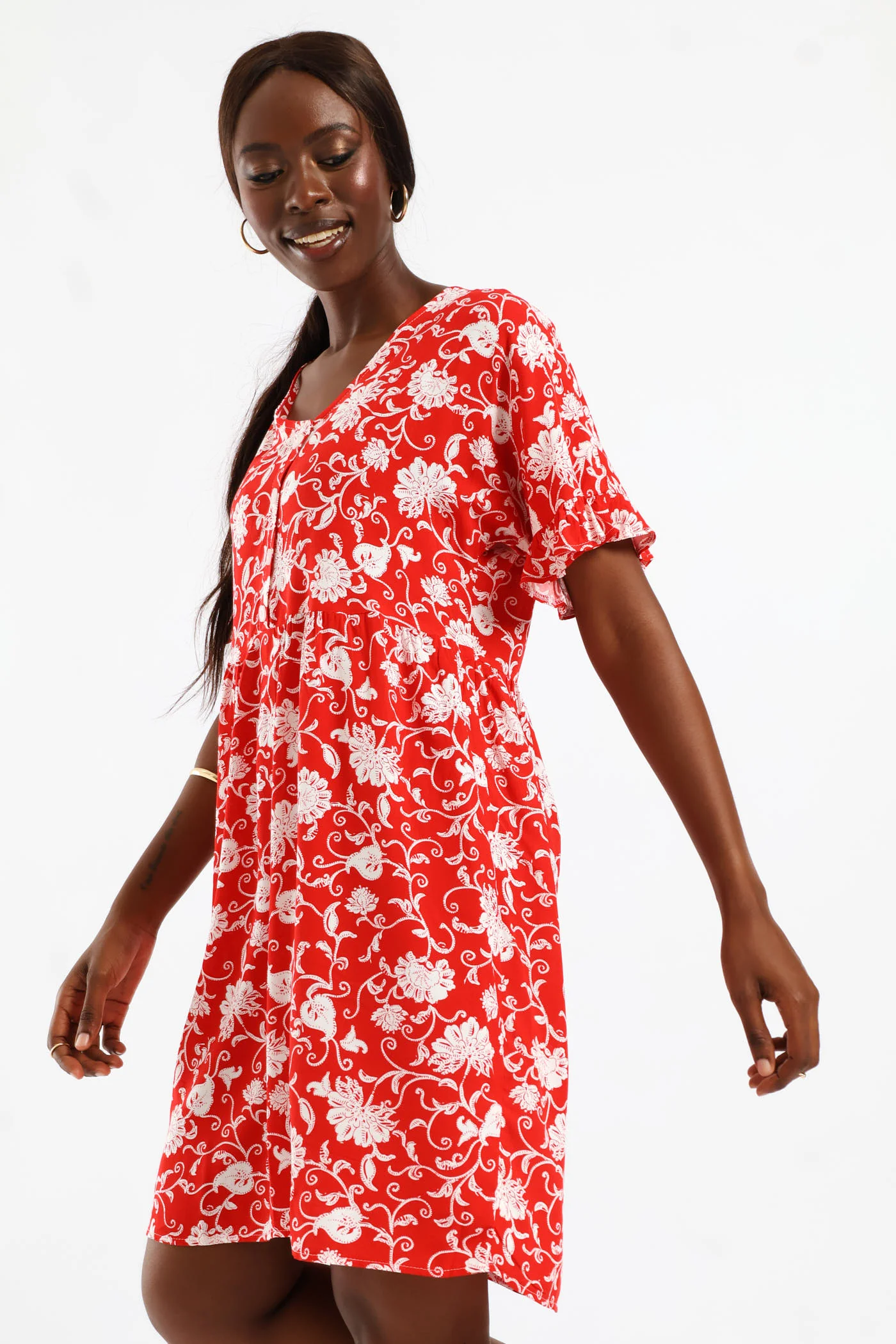 V-Neck Babydoll Dress - White/Red - Image 4