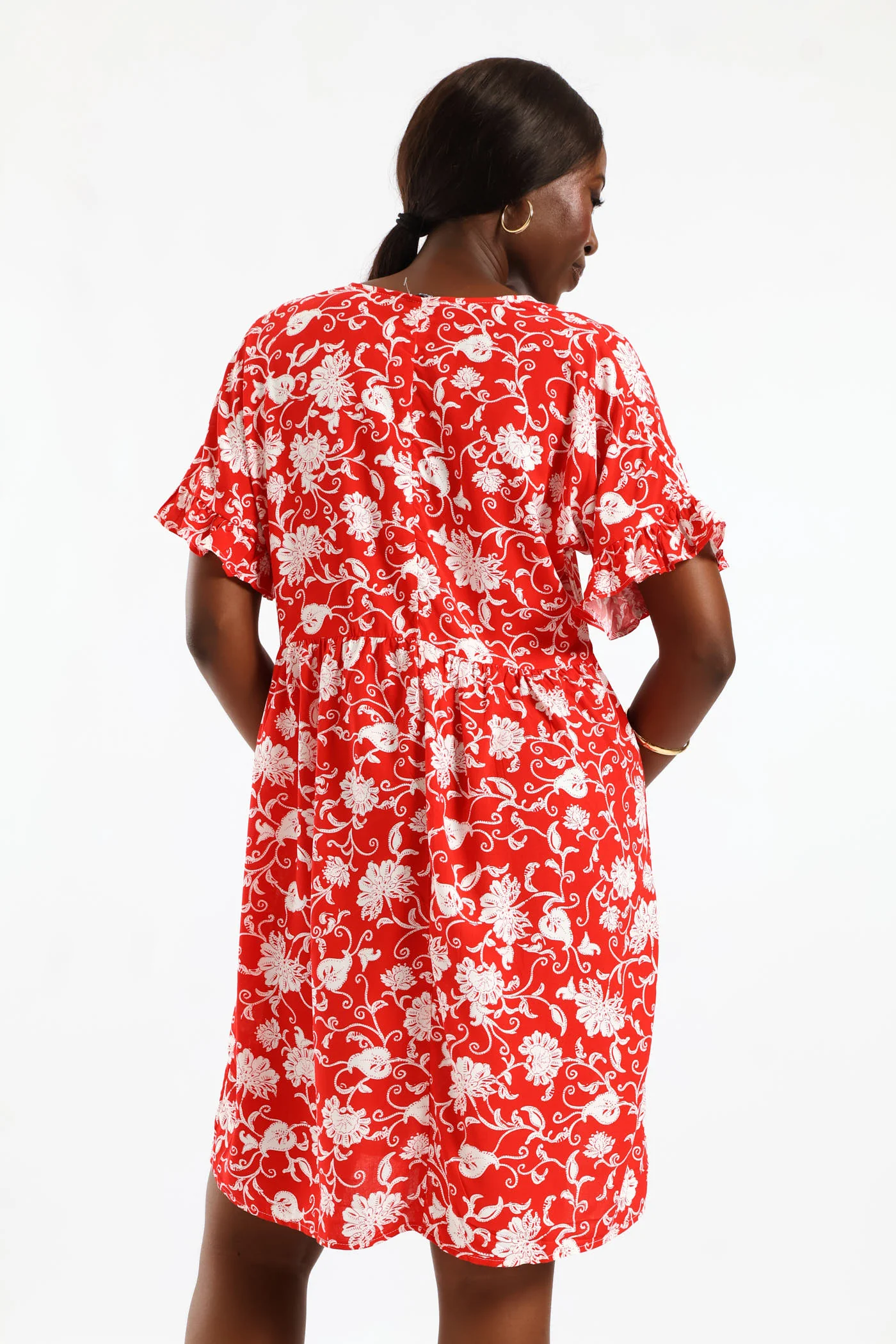 V-Neck Babydoll Dress - White/Red - Image 5