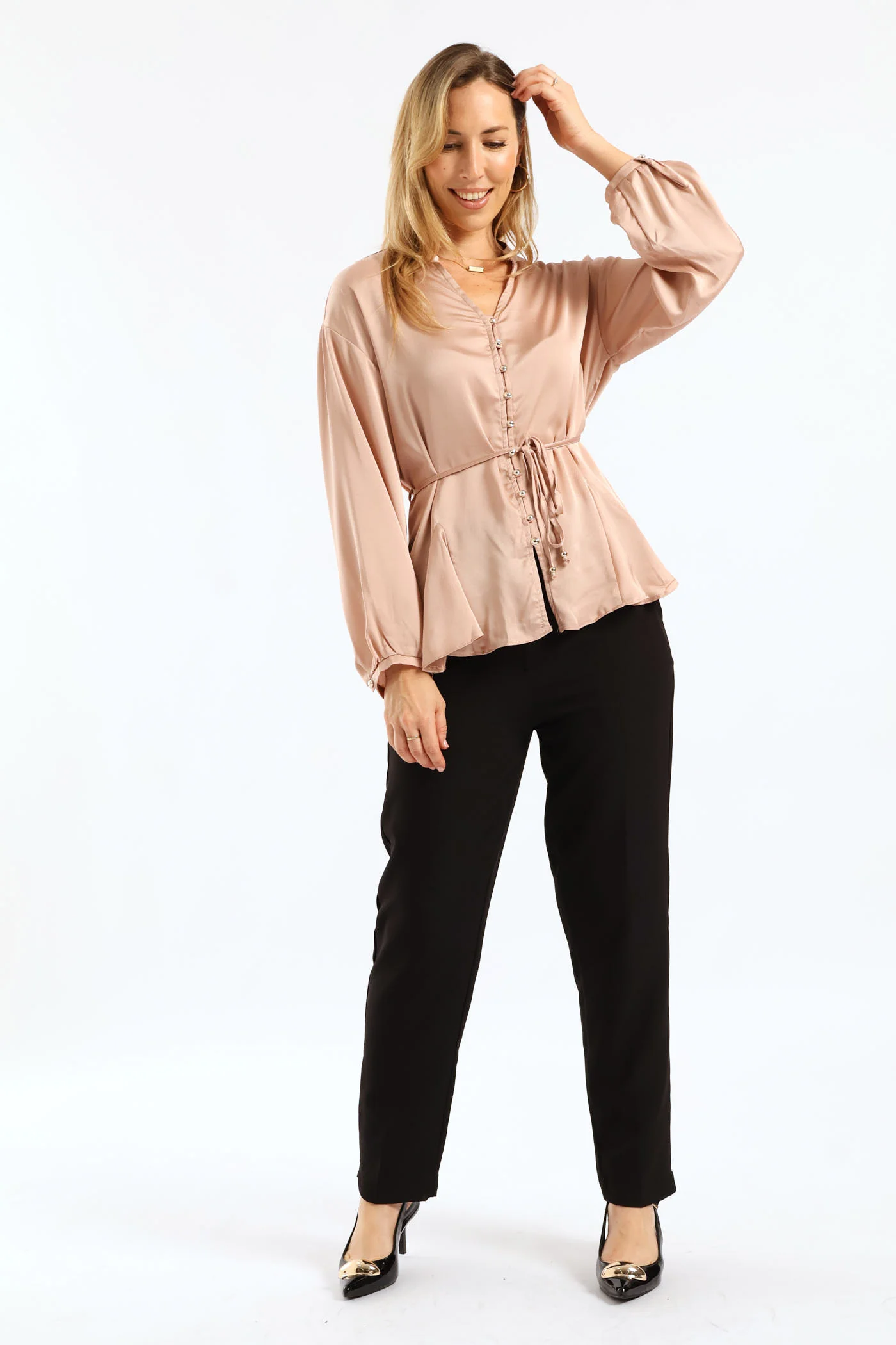 V-Neck Belted Blouse - Pink - Image 4
