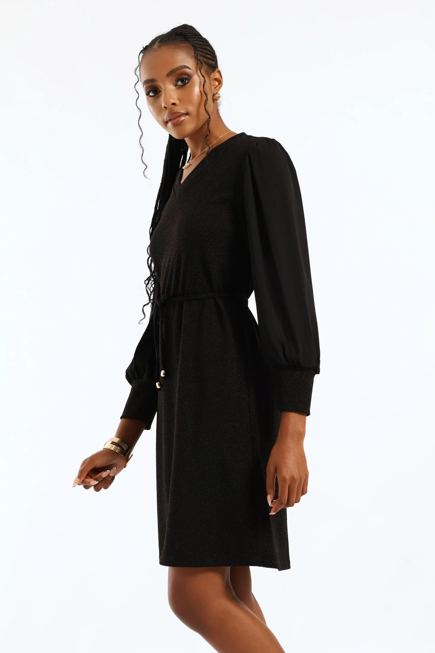 V-Neck Belted Shimmer Shift Dress - Black - Image 2