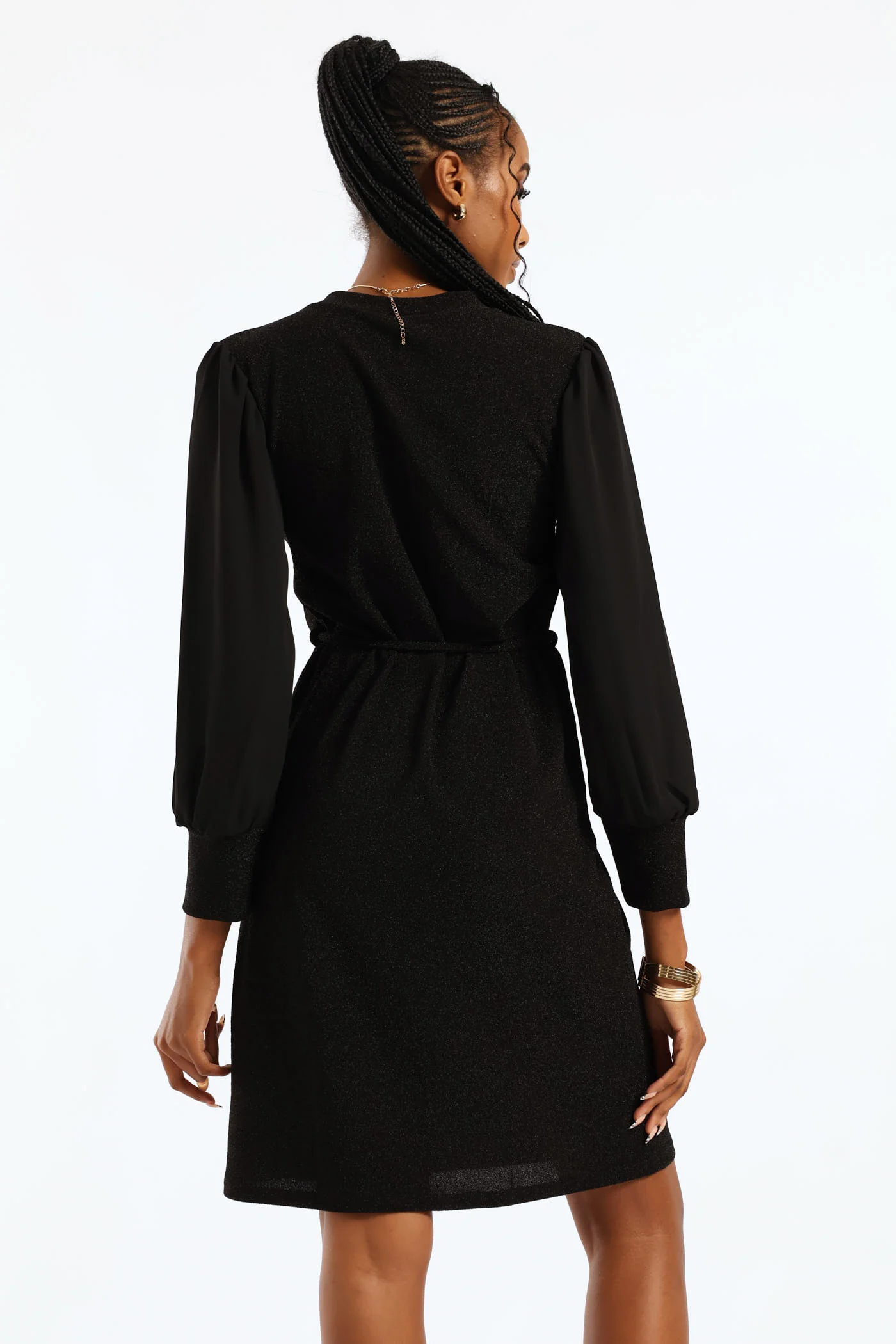 V-Neck Belted Shimmer Shift Dress - Black - Image 3