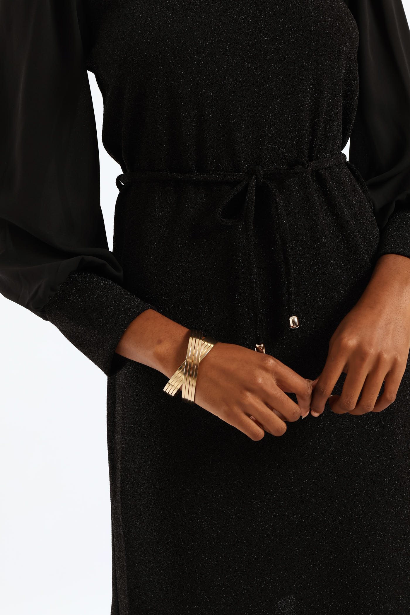 V-Neck Belted Shimmer Shift Dress - Black - Image 4