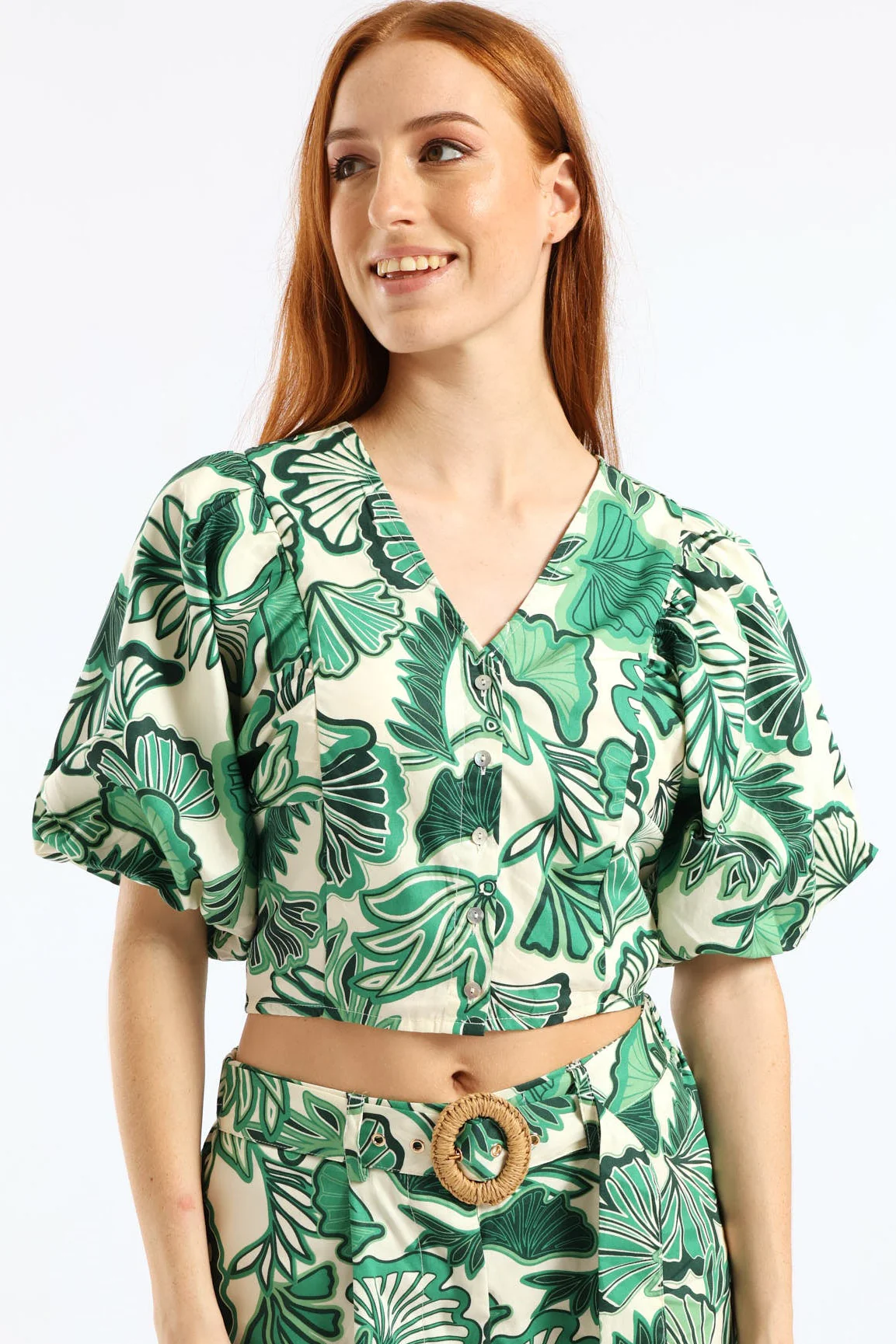 V-Neck Bubble Batwing Button Through Crop Top - Cream/Green - Image 2