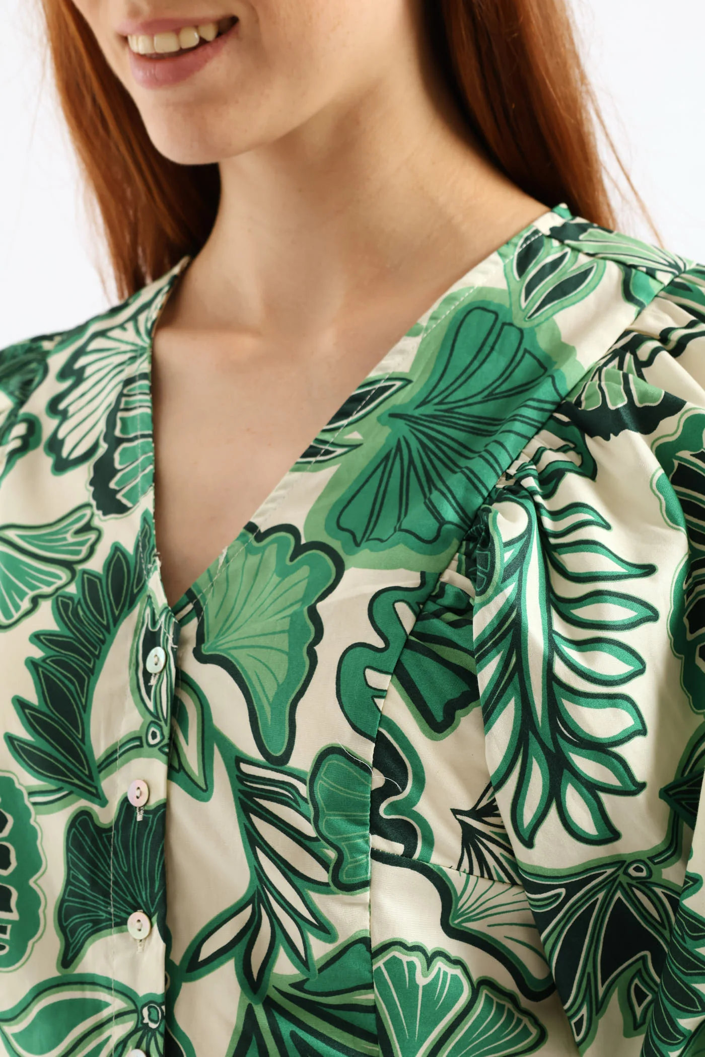 V-Neck Bubble Batwing Button Through Crop Top - Cream/Green - Image 3