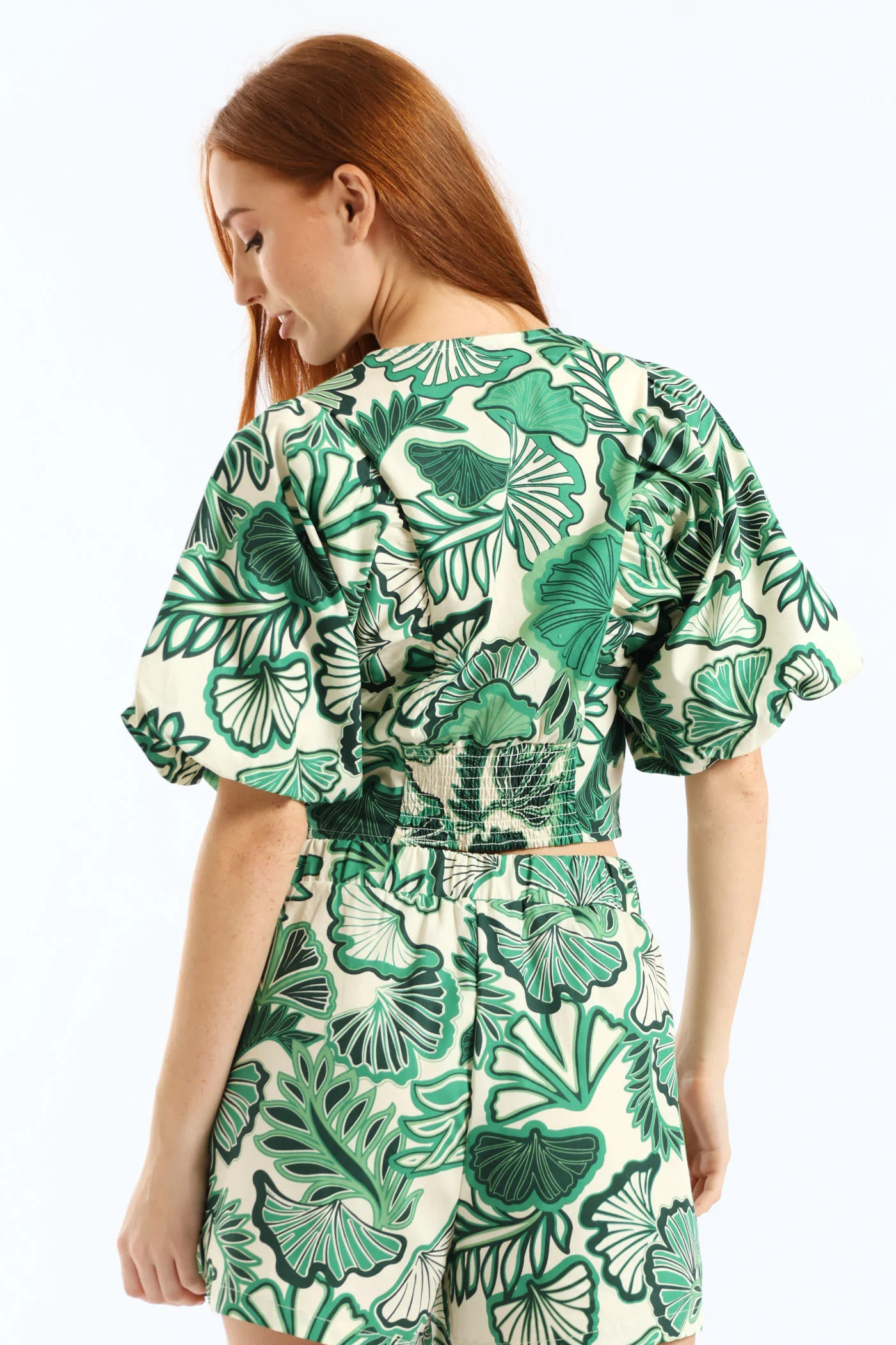 V-Neck Bubble Batwing Button Through Crop Top - Cream/Green - Image 4