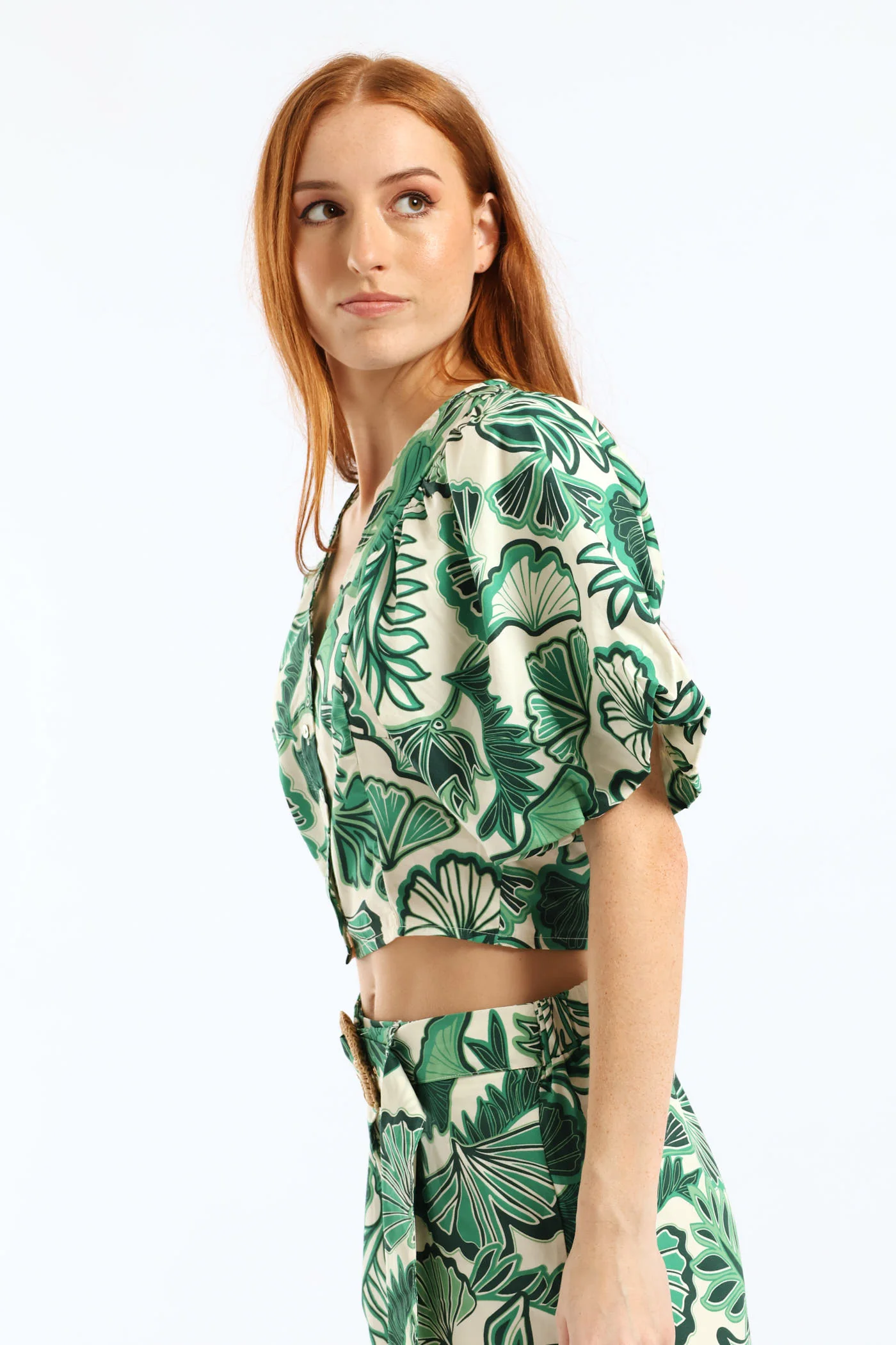 V-Neck Bubble Batwing Button Through Crop Top - Cream/Green - Image 5