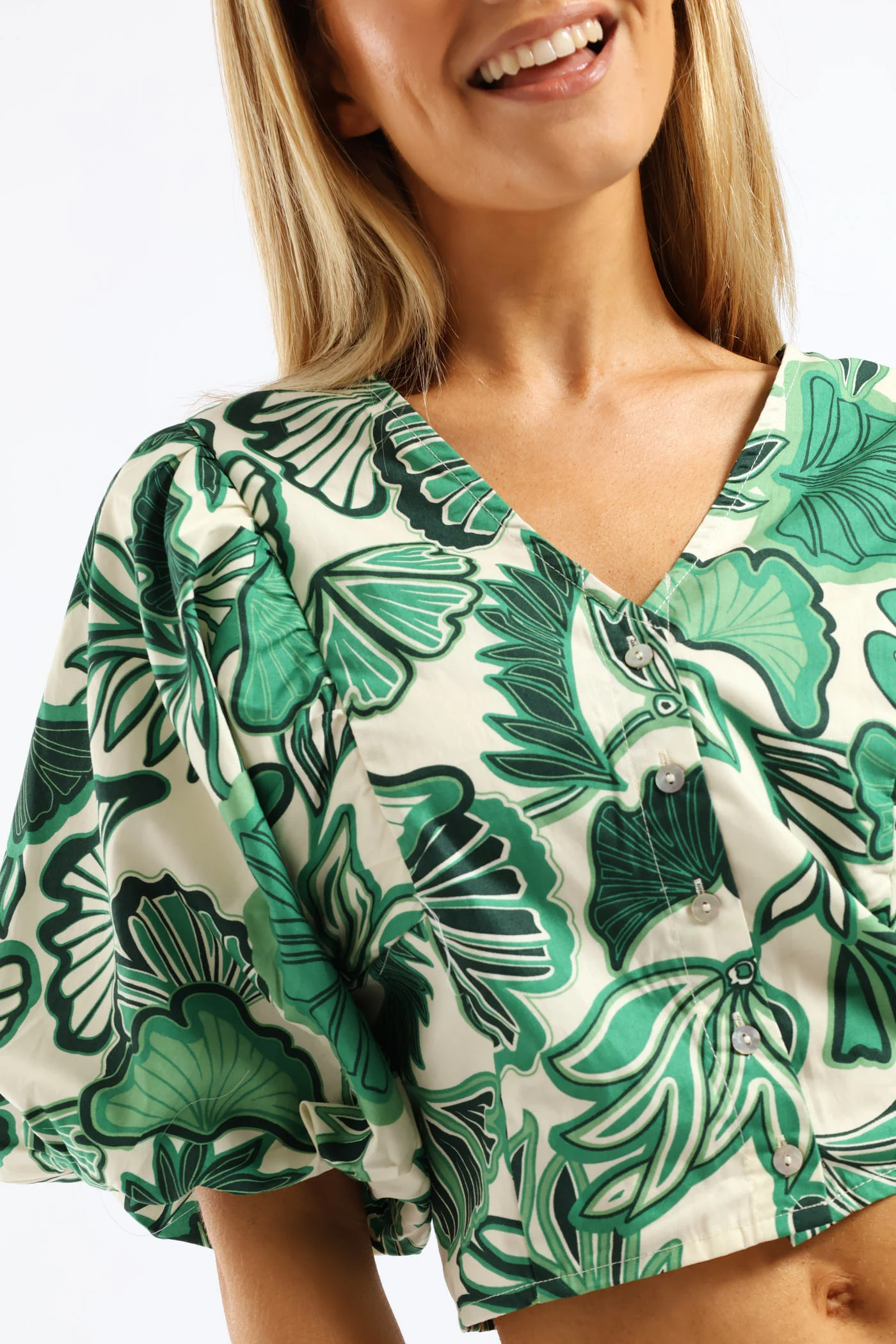 V-Neck Bubble Batwing Button Through Crop Top - Cream/Green - Image 8
