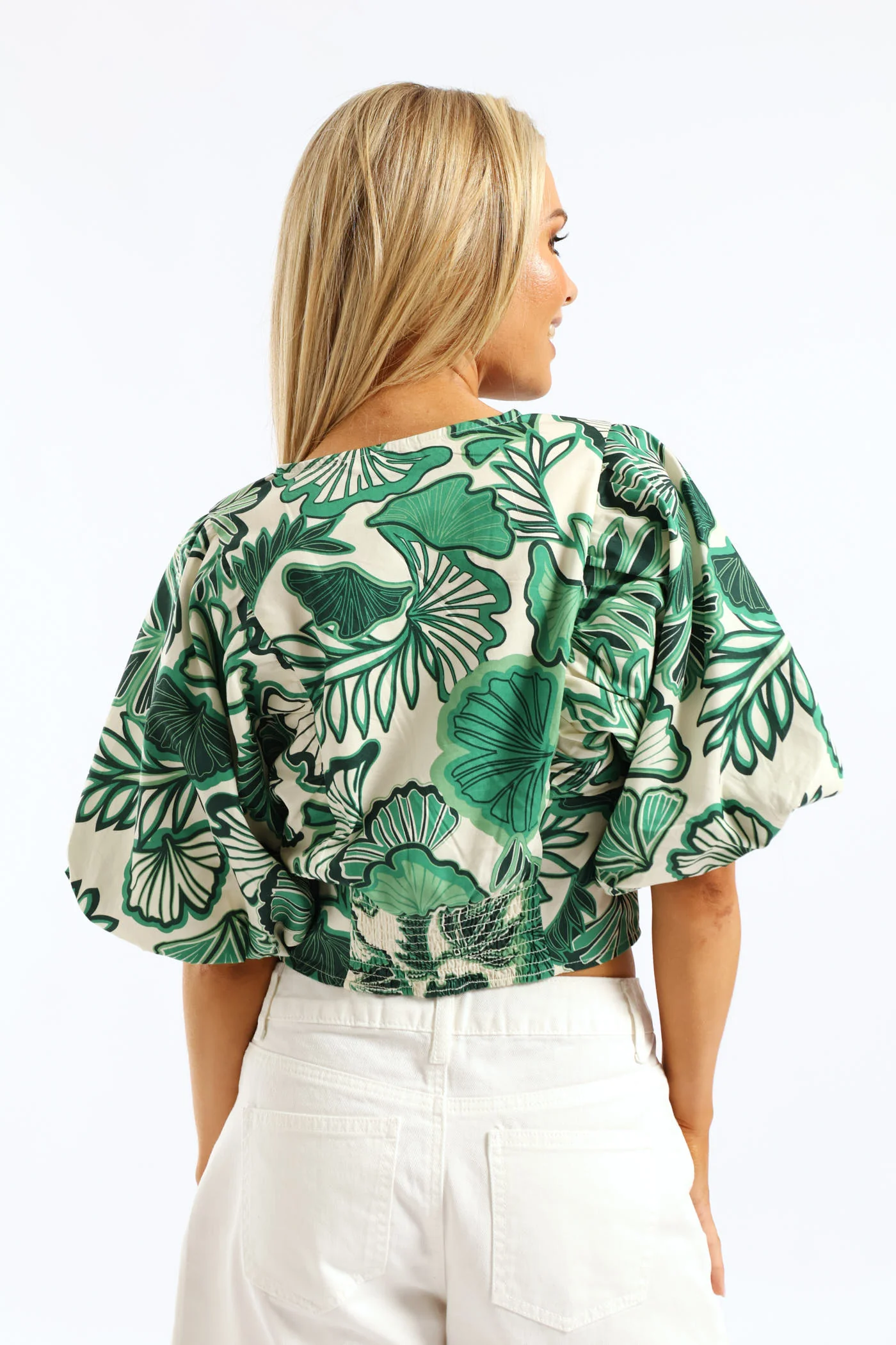 V-Neck Bubble Batwing Button Through Crop Top - Cream/Green - Image 9
