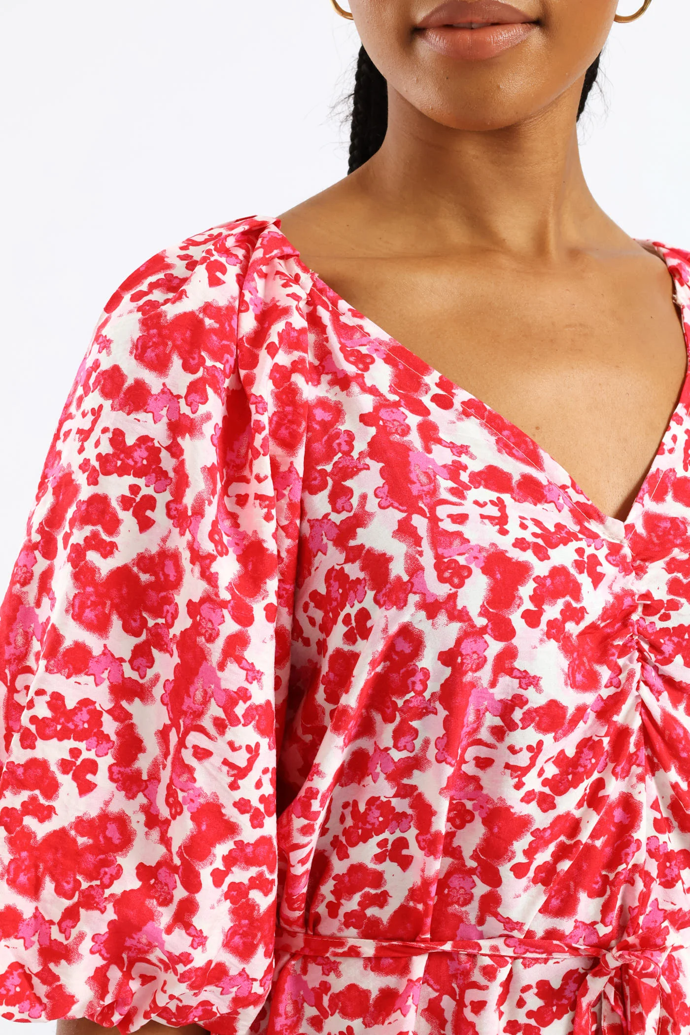 V-Neck Bubble Sleeve Belted Shift Dress - Red/Pink - Image 2