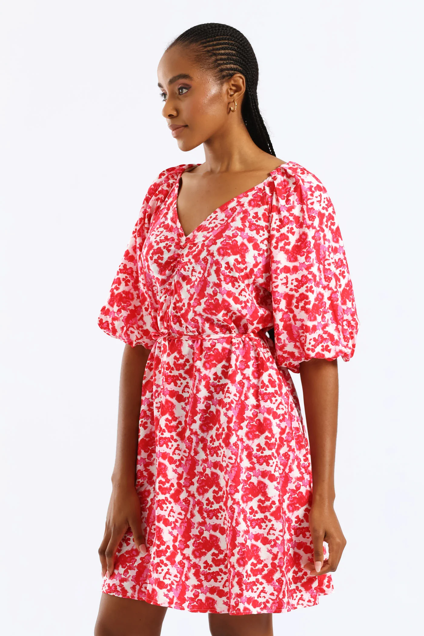 V-Neck Bubble Sleeve Belted Shift Dress - Red/Pink - Image 3