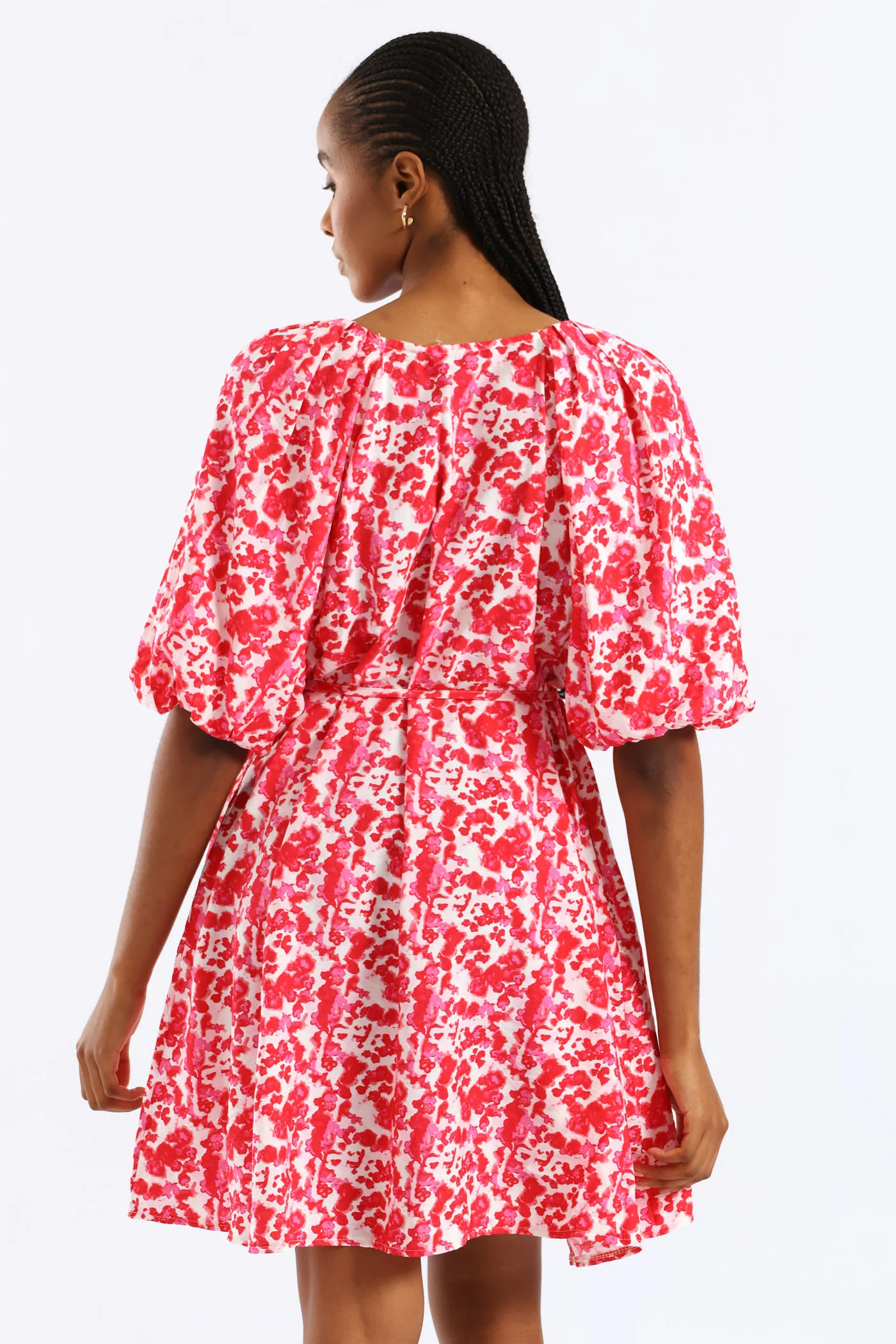 V-Neck Bubble Sleeve Belted Shift Dress - Red/Pink - Image 4