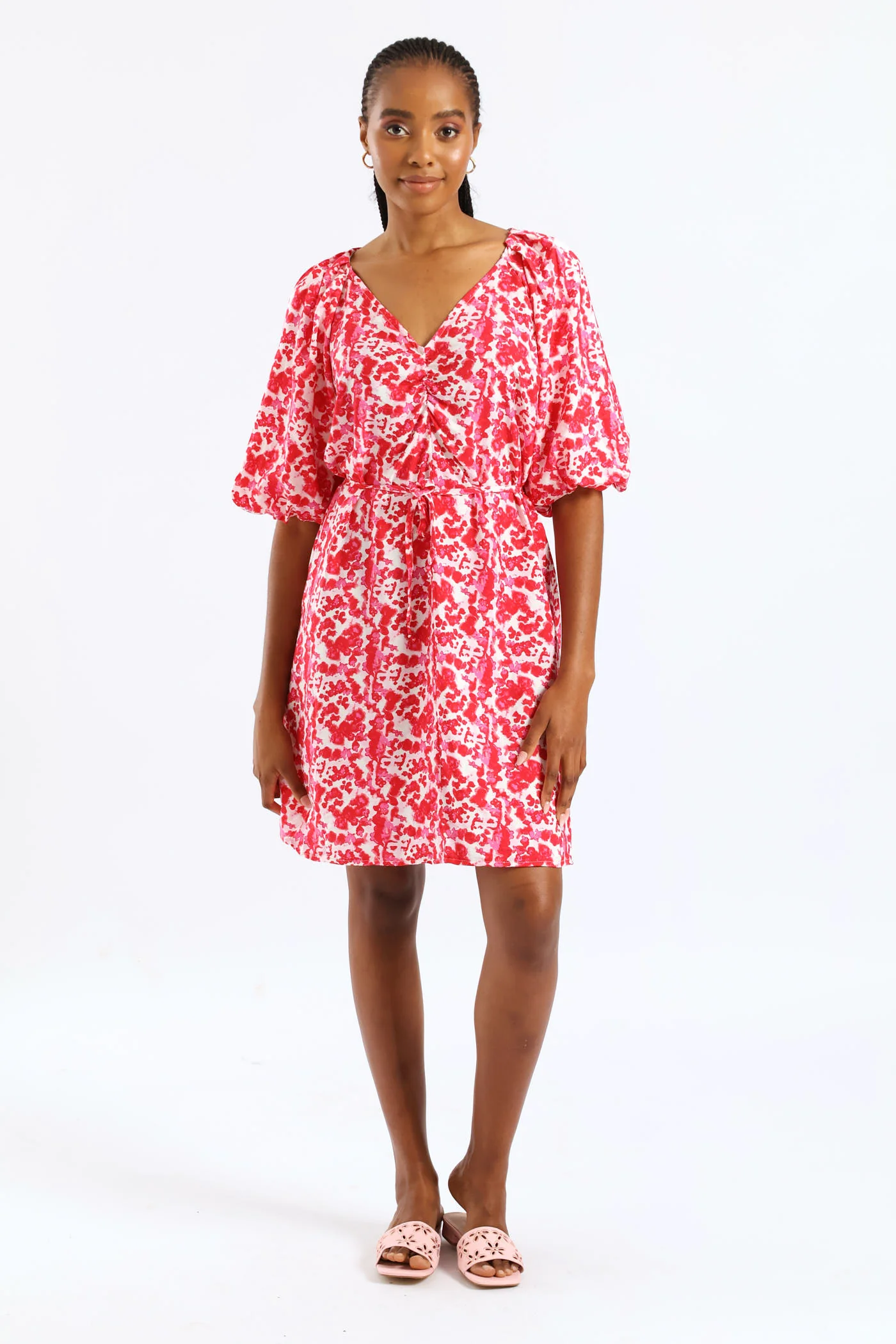 V-Neck Bubble Sleeve Belted Shift Dress - Red/Pink - Image 5