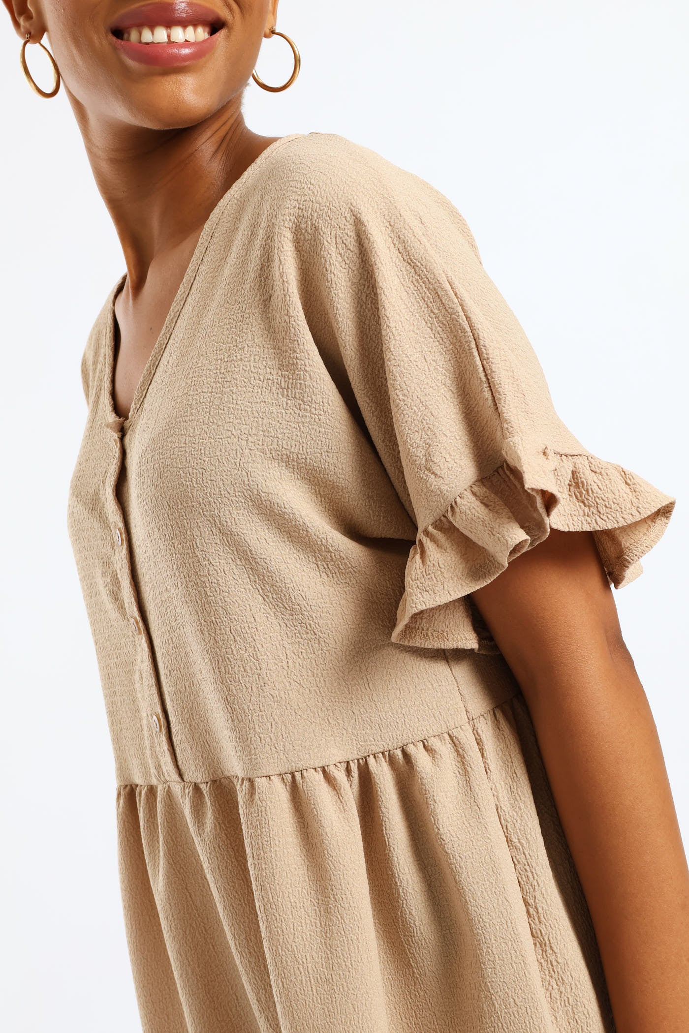 V-Neck Button Detail Babydoll Dress - Chestnut - Image 2