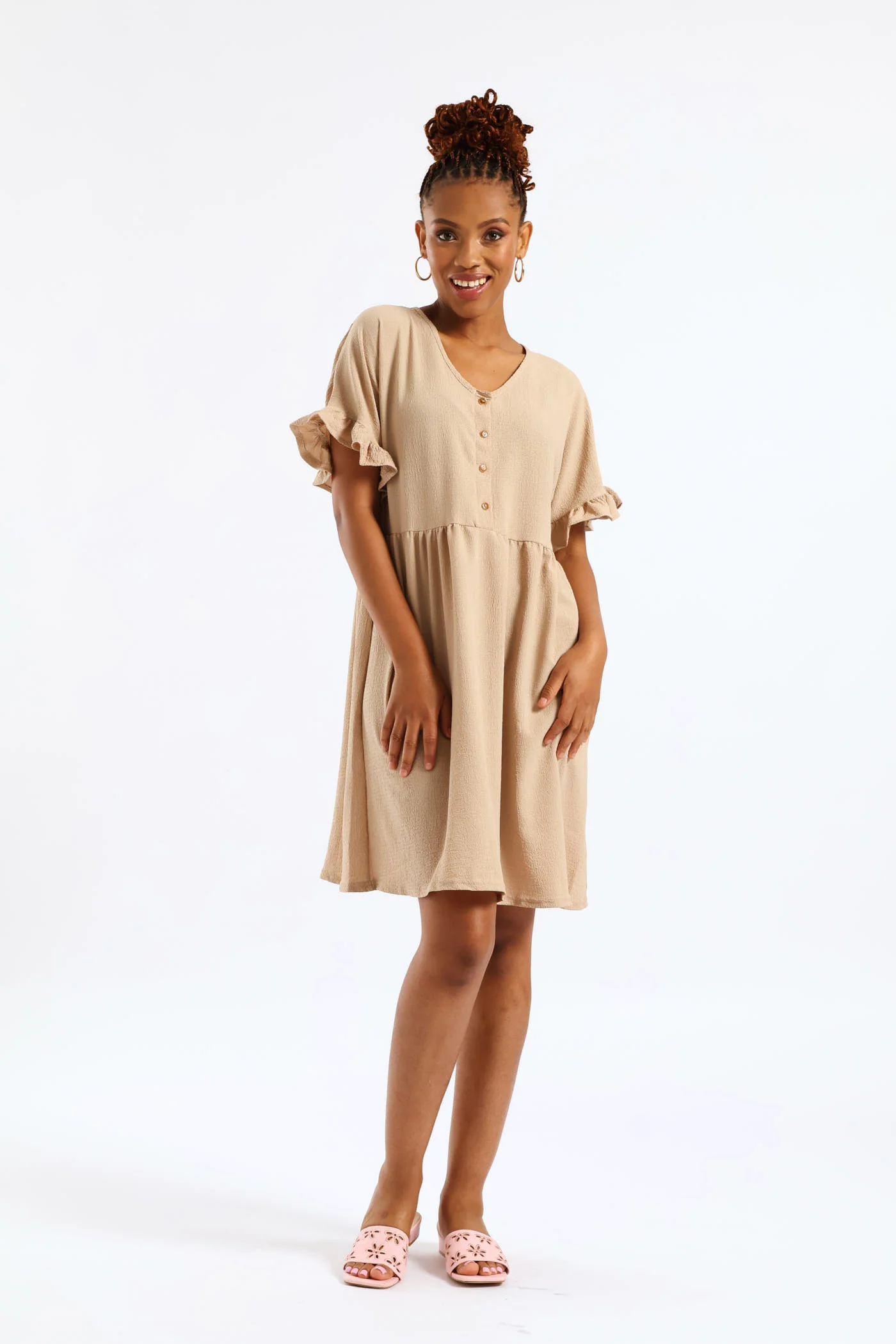 V-Neck Button Detail Babydoll Dress - Chestnut - Image 3