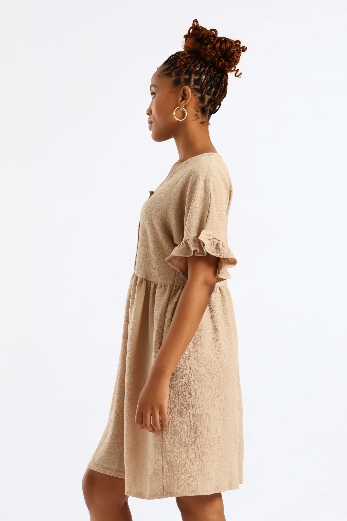 V-Neck Button Detail Babydoll Dress - Chestnut - Image 4