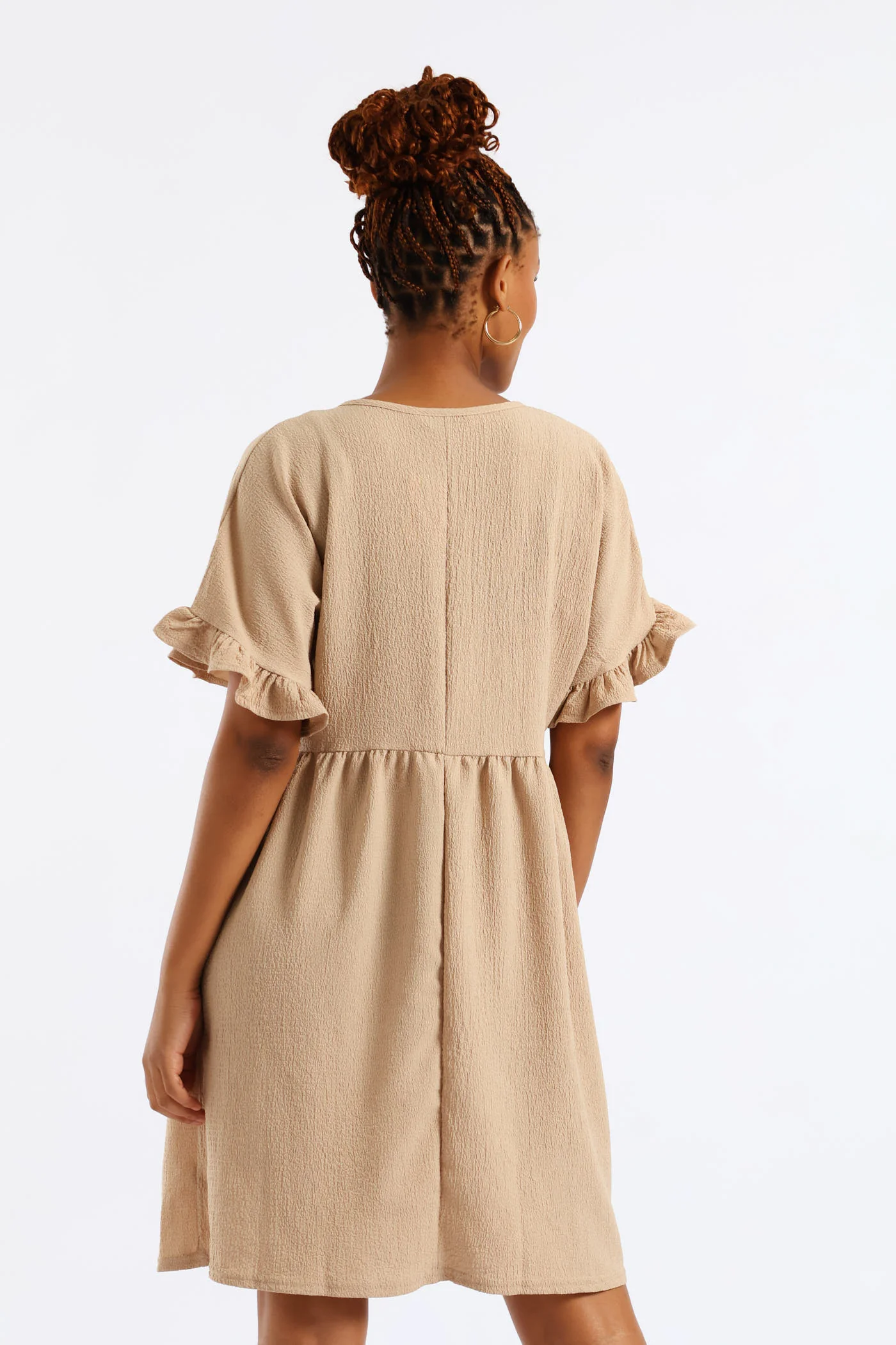 V-Neck Button Detail Babydoll Dress - Chestnut - Image 5