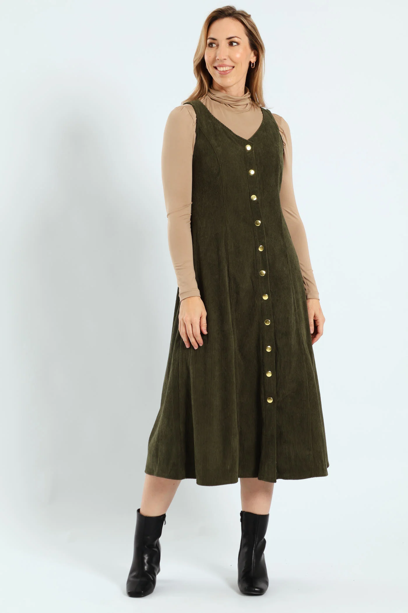 V-Neck Button Through Panelled Fit & Flare Corduroy Midi Dress - Dark Fatigue - Image 2