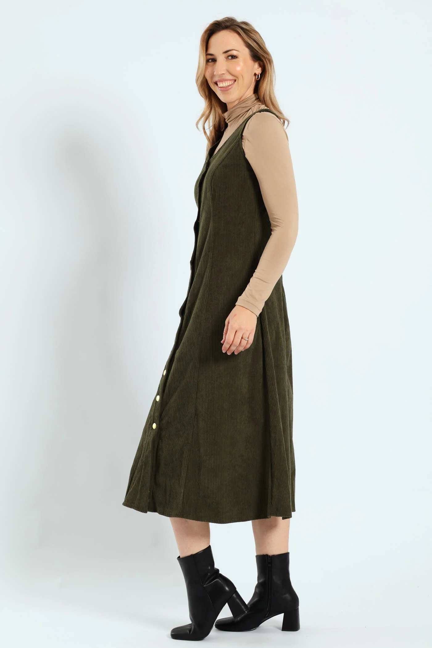 V-Neck Button Through Panelled Fit & Flare Corduroy Midi Dress - Dark Fatigue - Image 3