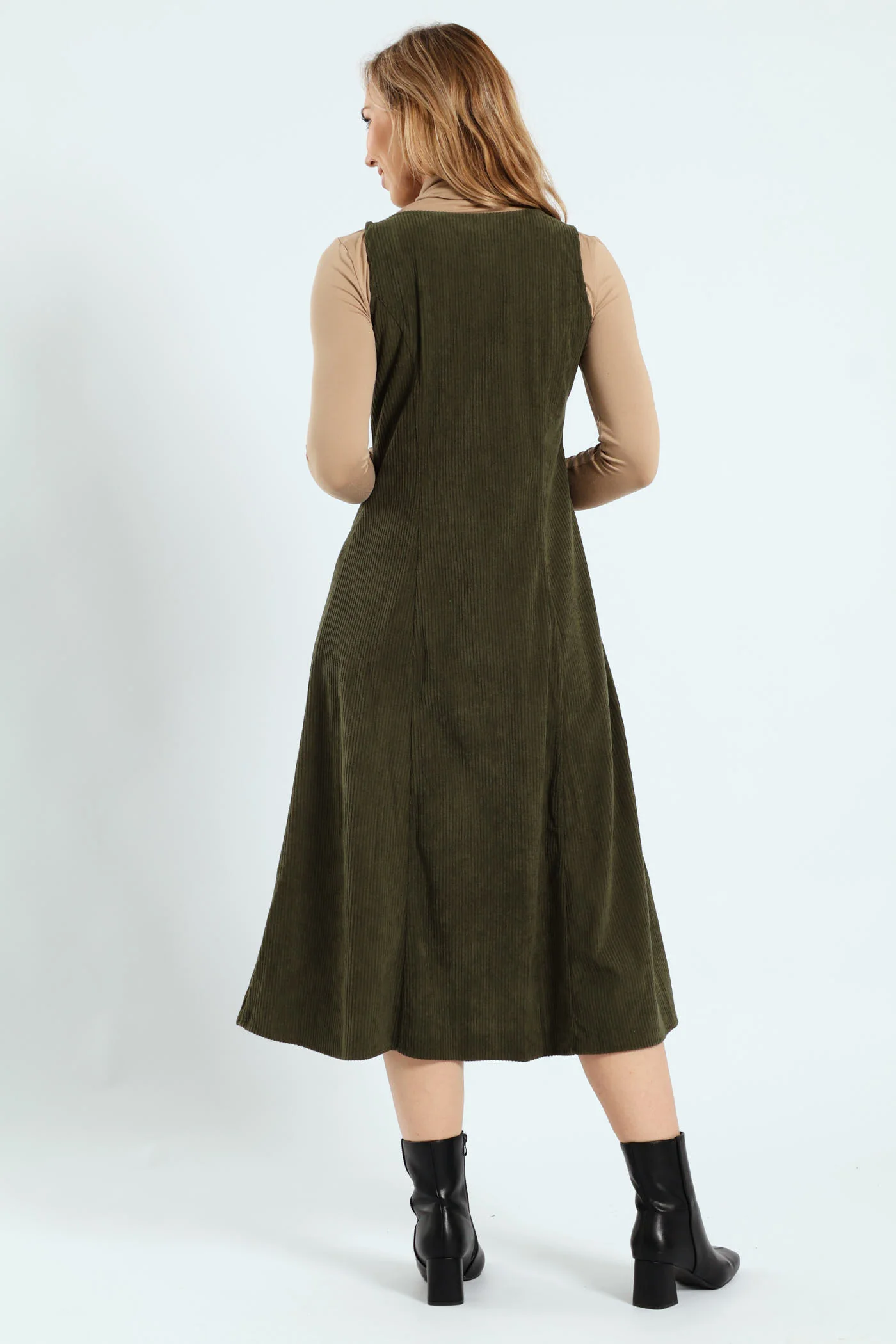 V-Neck Button Through Panelled Fit & Flare Corduroy Midi Dress - Dark Fatigue - Image 4